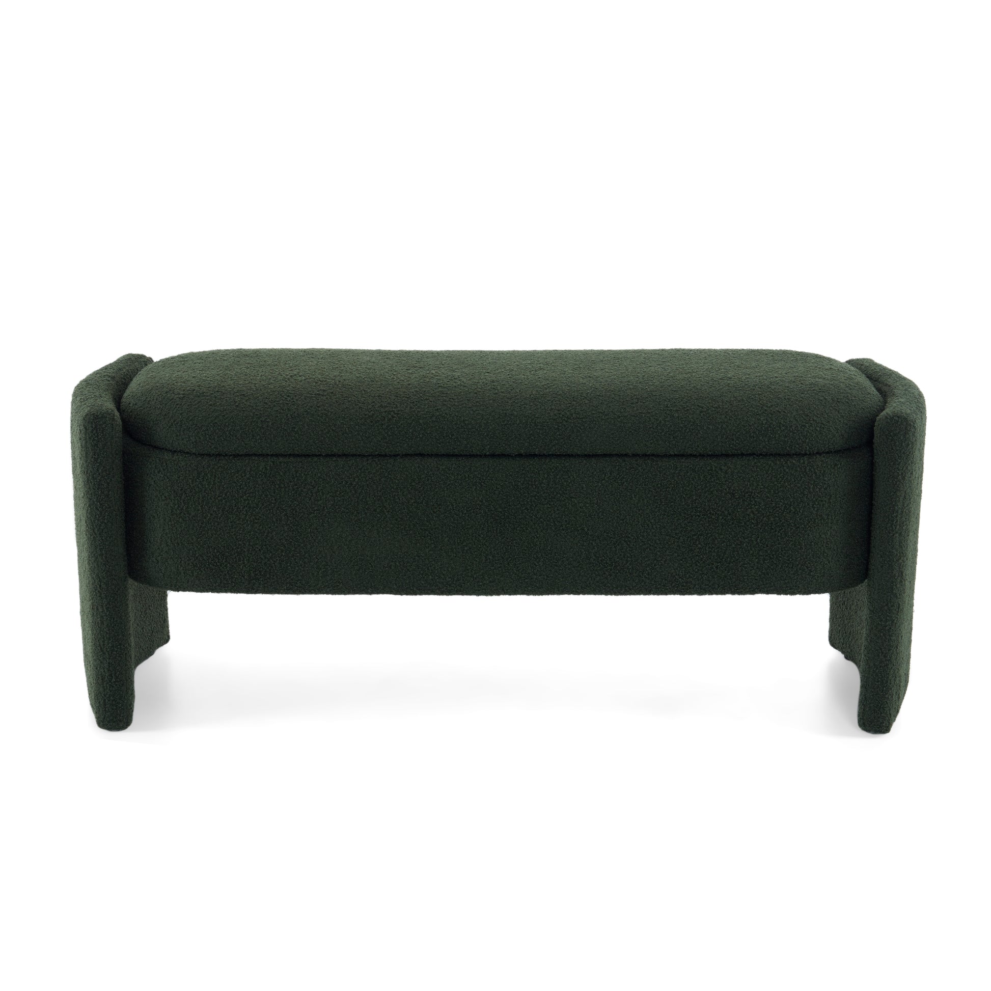 Dark green boucle storage bench with flared legs and a curved top