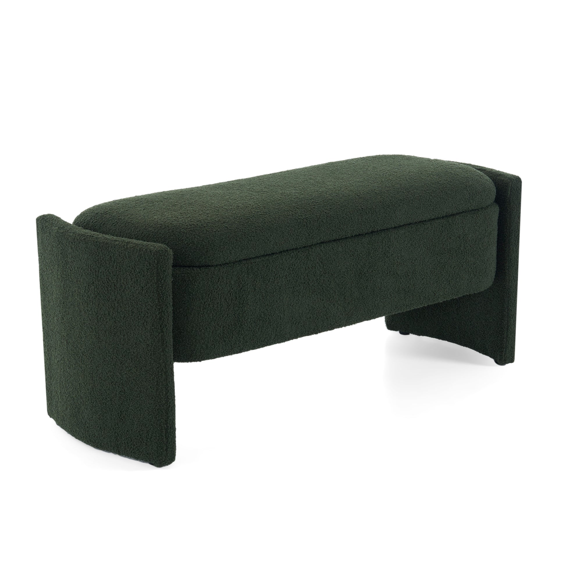 Dark green boucle storage bench with curved legs
