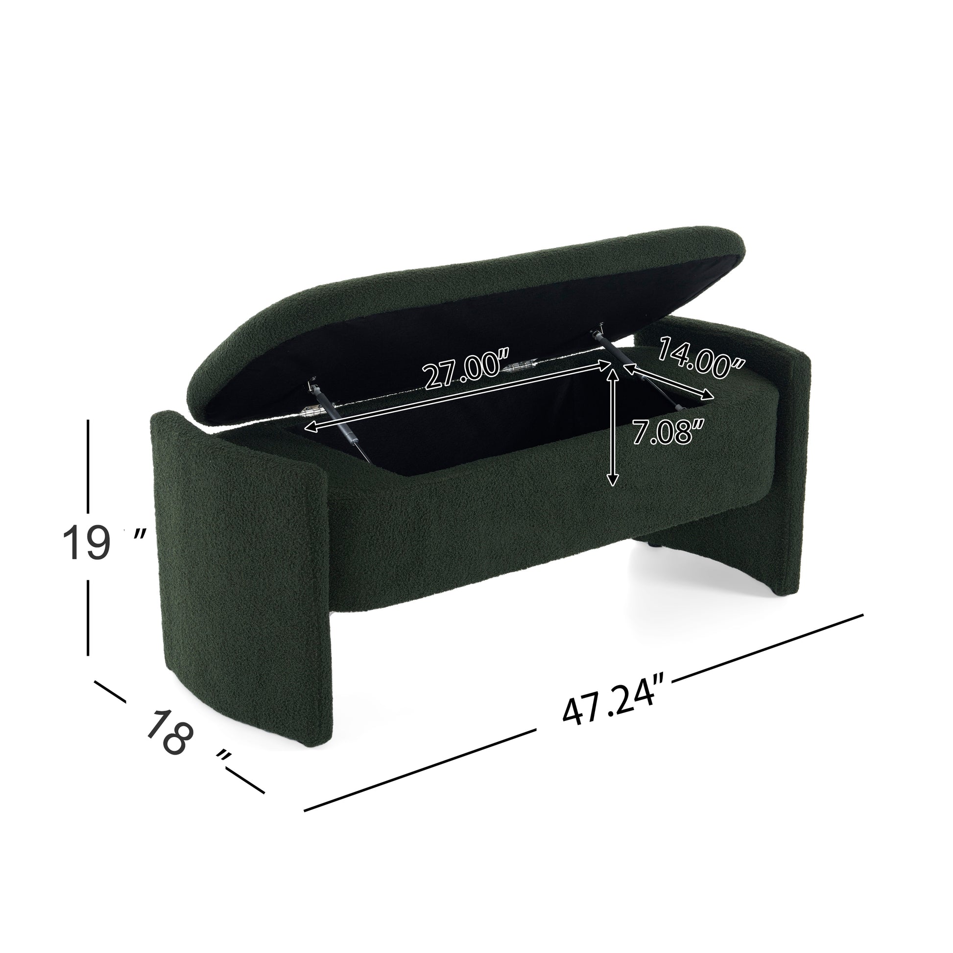 Dark green boucle storage ottoman with open lid showing storage compartment dimensions