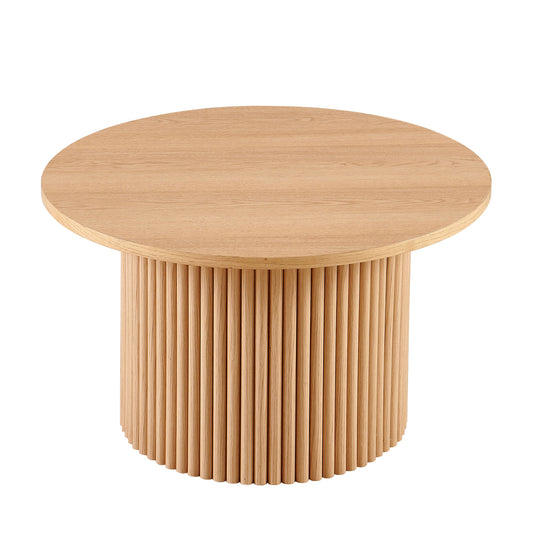 Round oak coffee table with fluted pedestal base