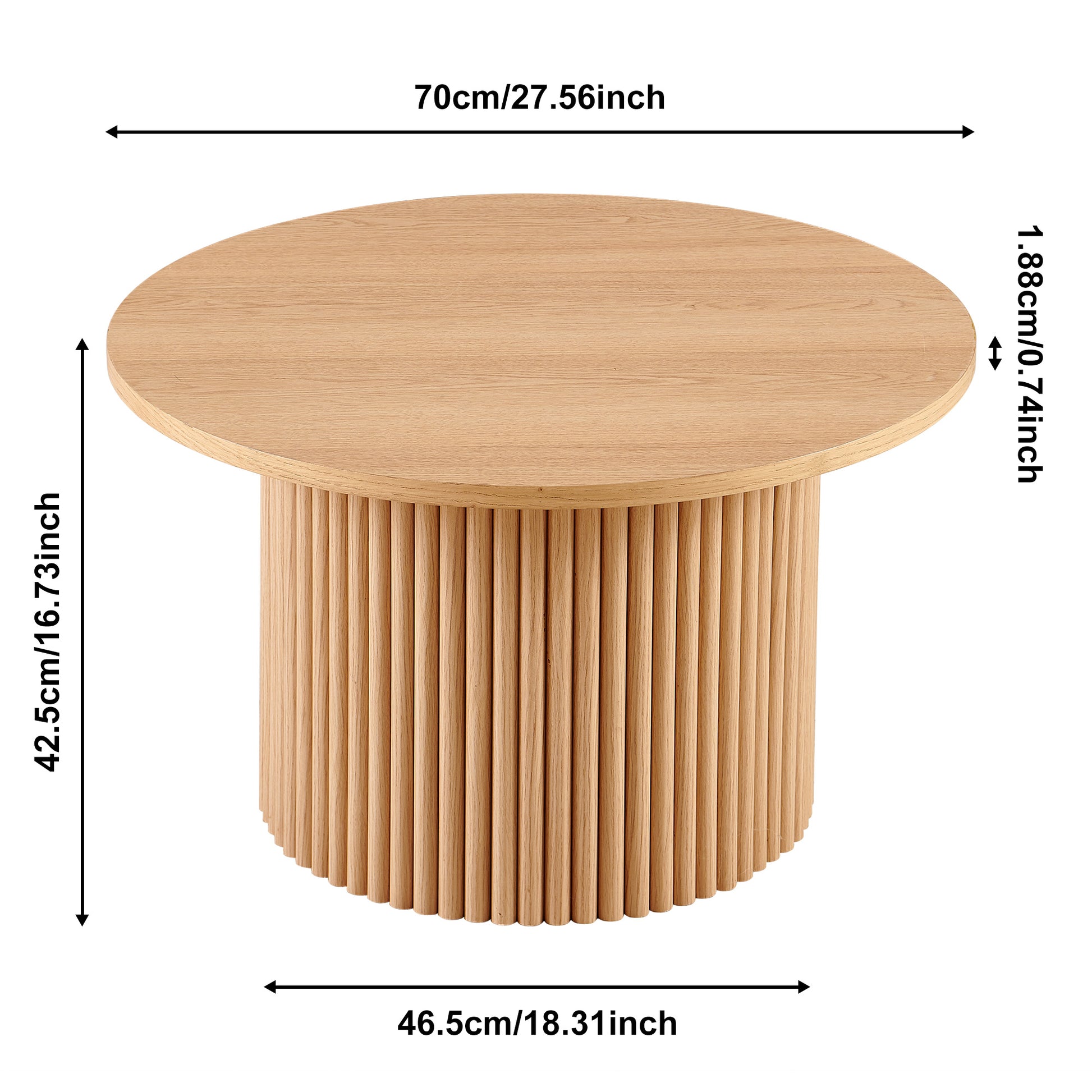 Round natural wood coffee table with fluted base