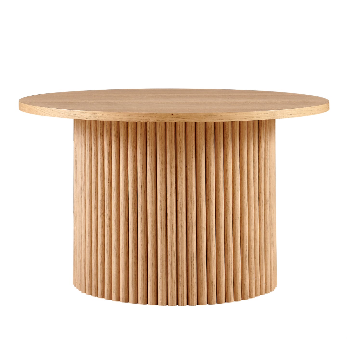 Round oak wood coffee table with fluted base