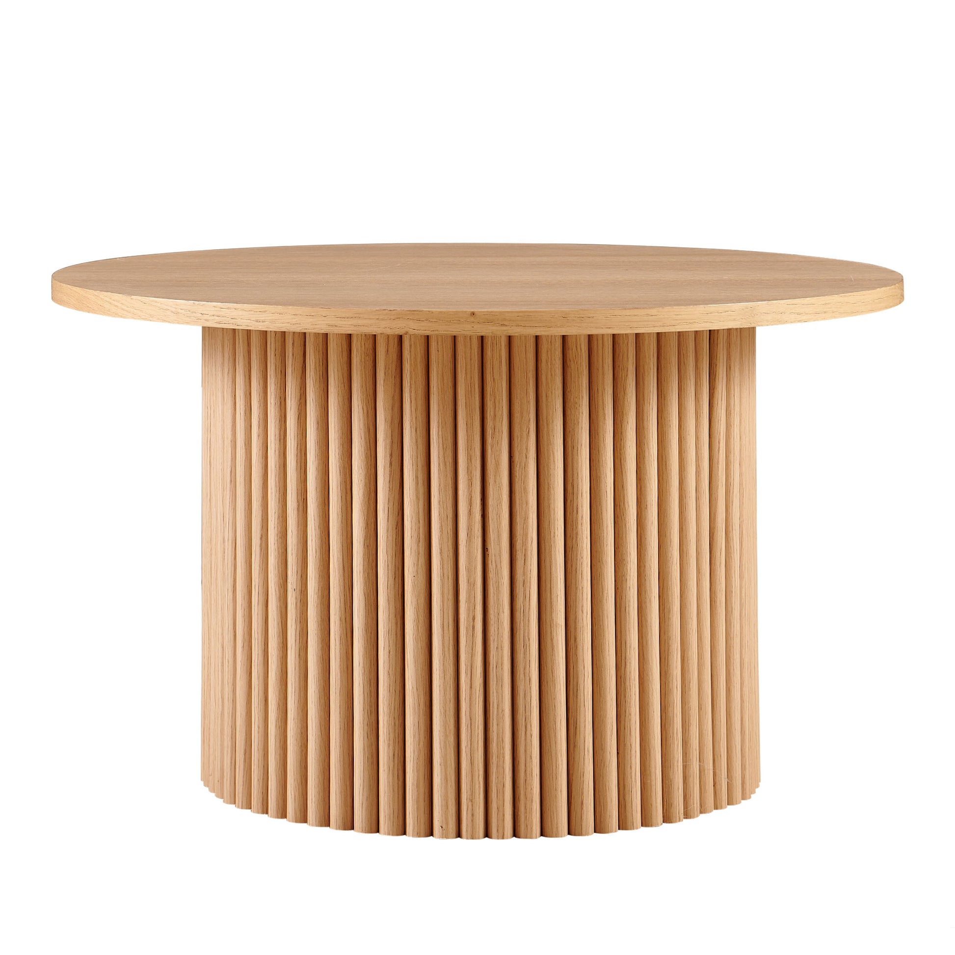 Round oak wood coffee table with fluted base