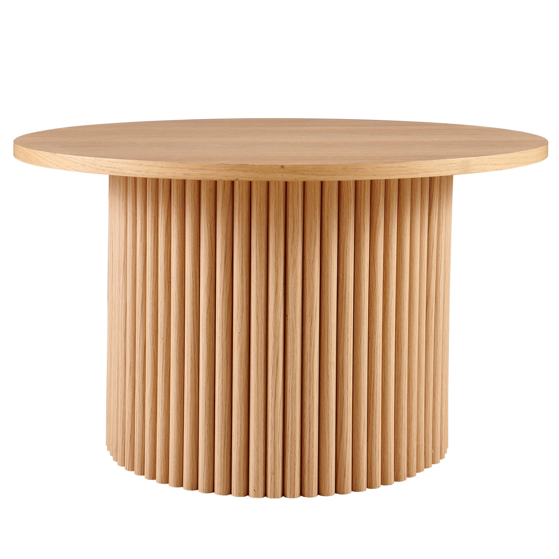 Round light oak coffee table with fluted cylindrical base