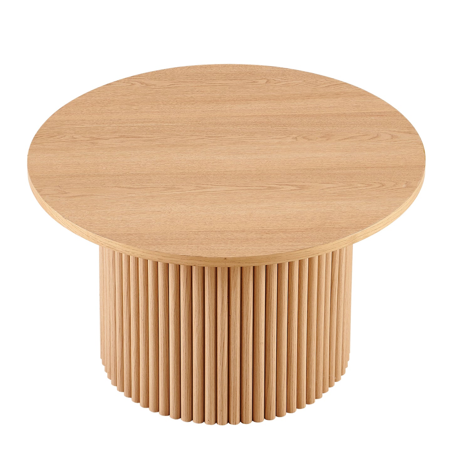 Round light oak coffee table with fluted base