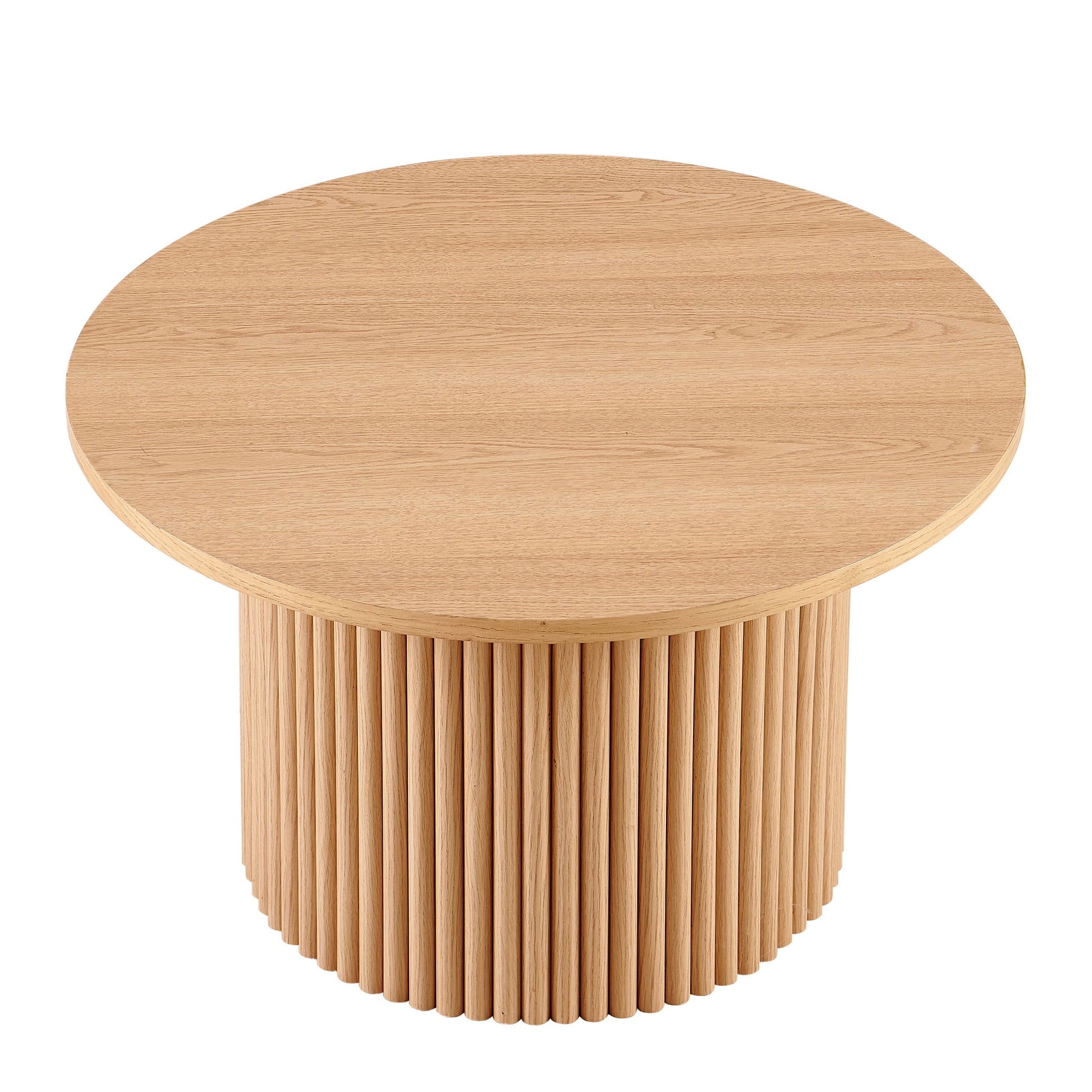 Round light oak coffee table with fluted base