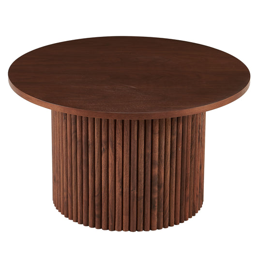 Round dark walnut coffee table with fluted pedestal base