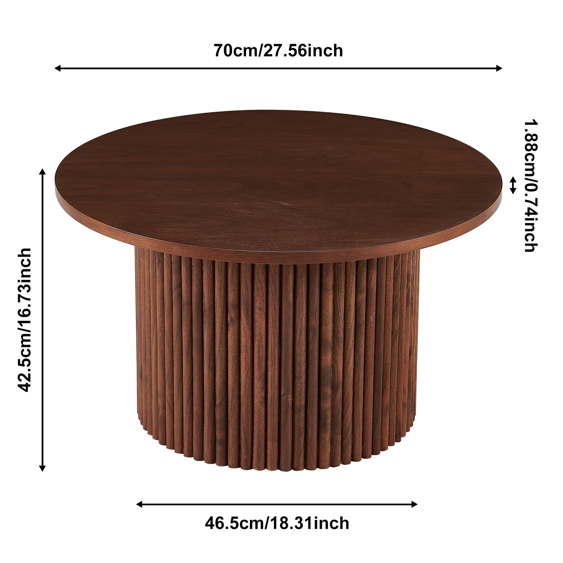 Round dark wood coffee table with fluted pedestal base