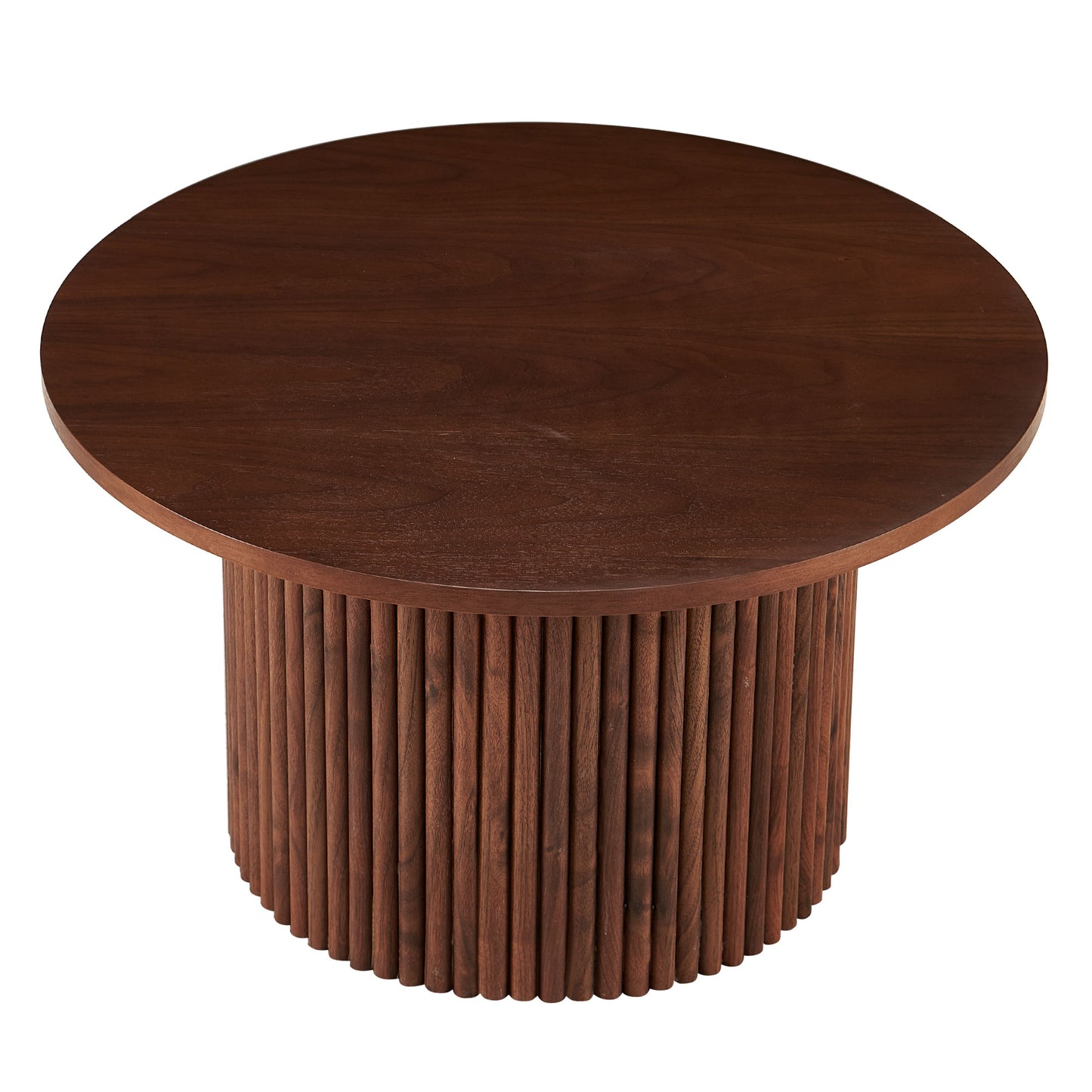 Dark walnut round coffee table with fluted pedestal base
