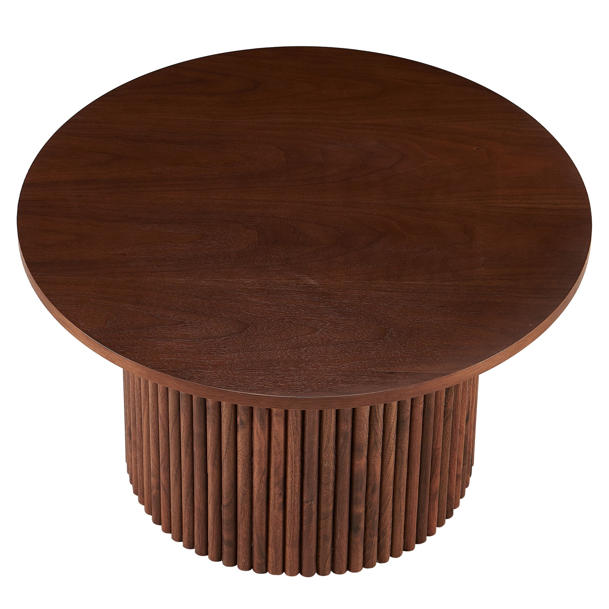 Round walnut wood coffee table with fluted pedestal base