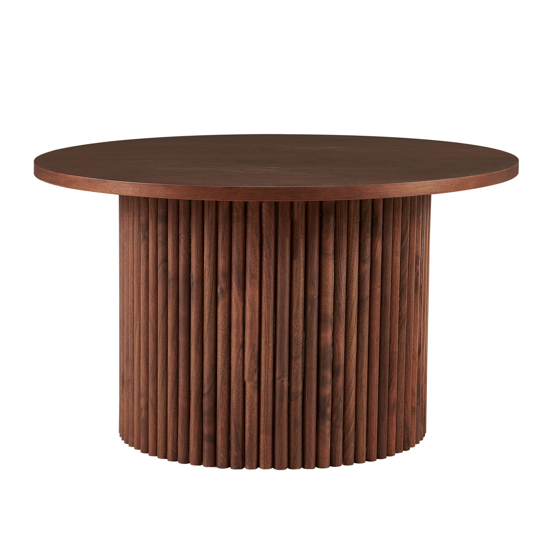 Round dark wood coffee table with fluted pedestal base