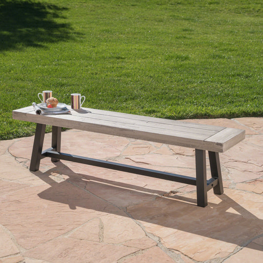 Rustic wood outdoor bench with black metal legs