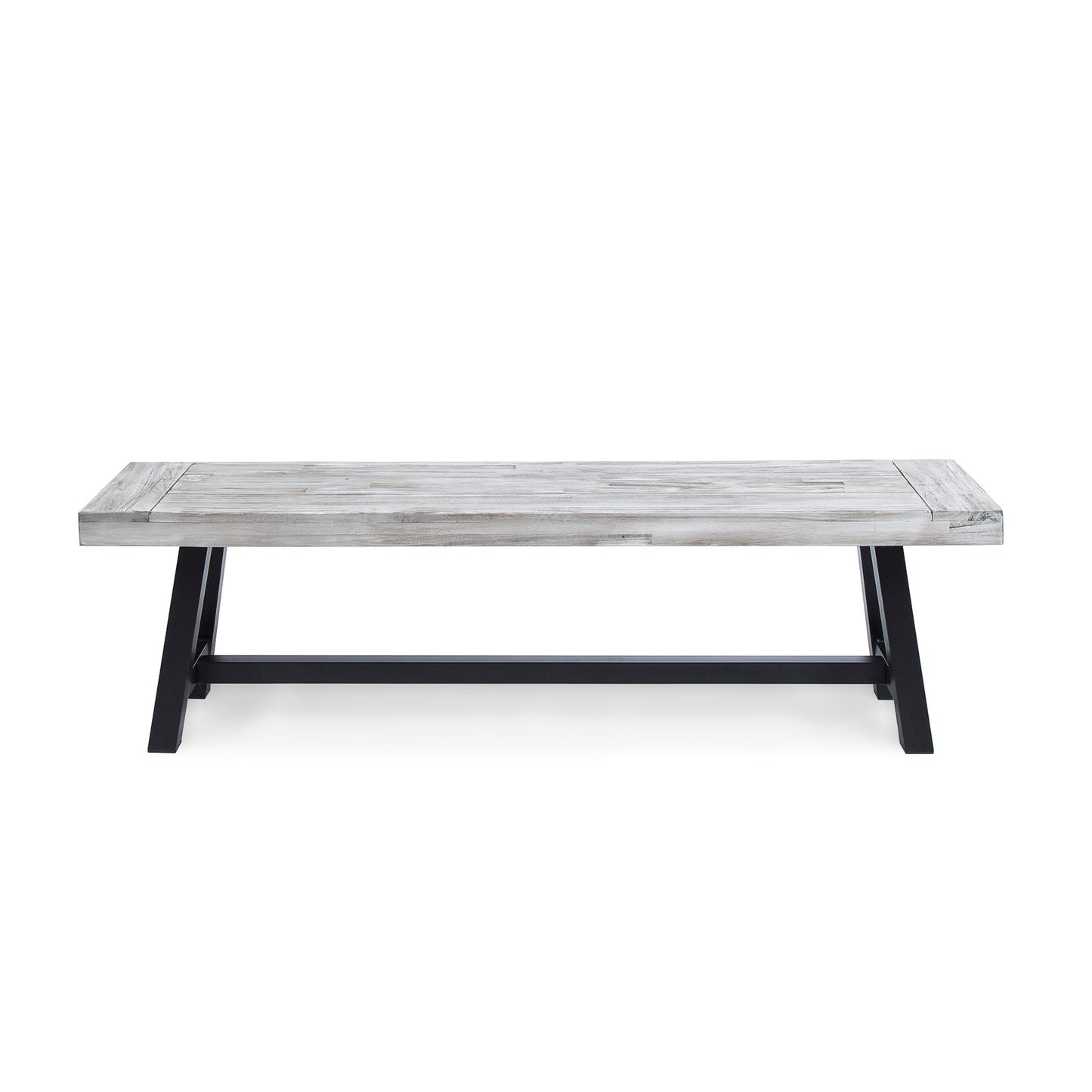 Distressed white wood coffee table with black metal legs and a rustic finish