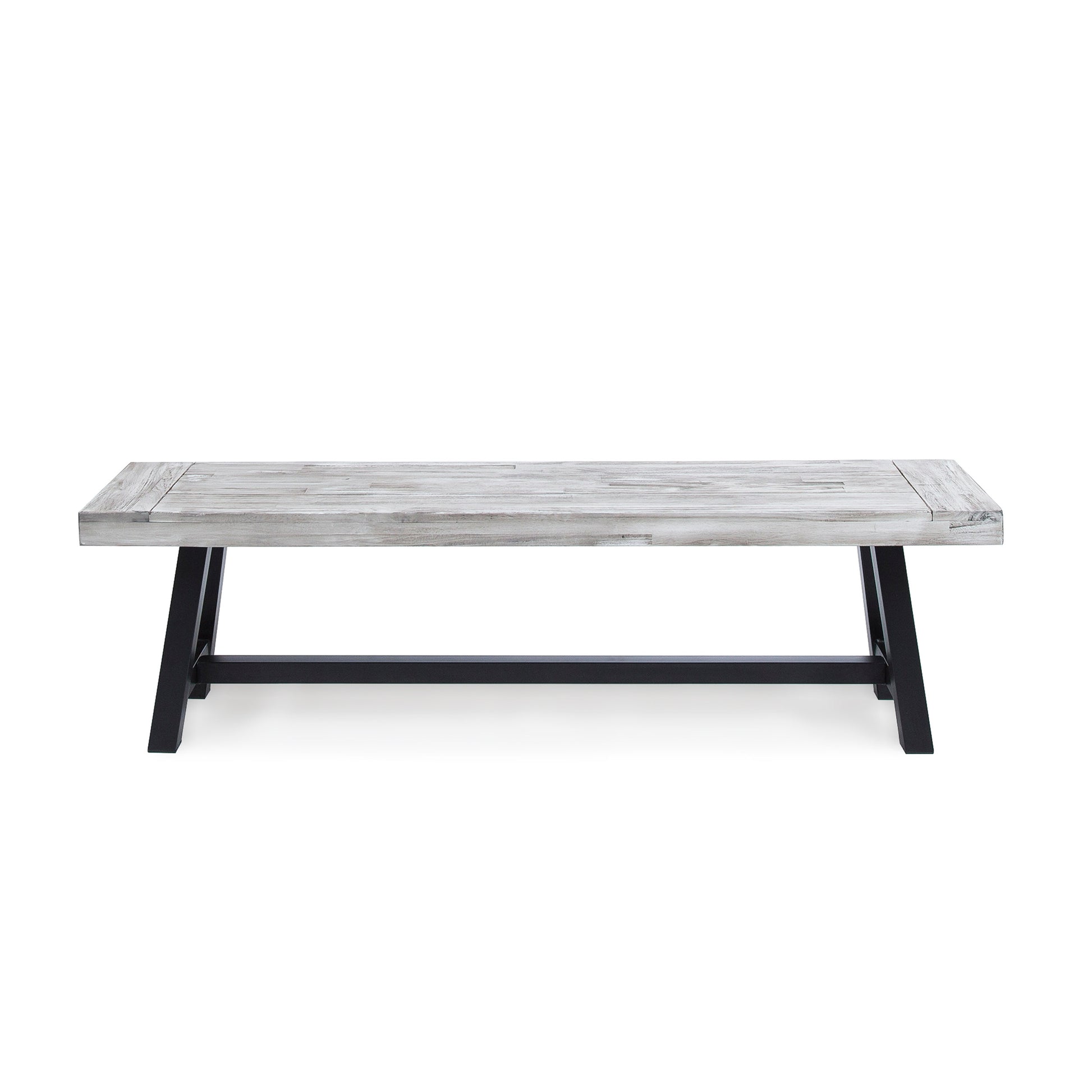 Distressed white wood coffee table with black metal legs and a rustic finish