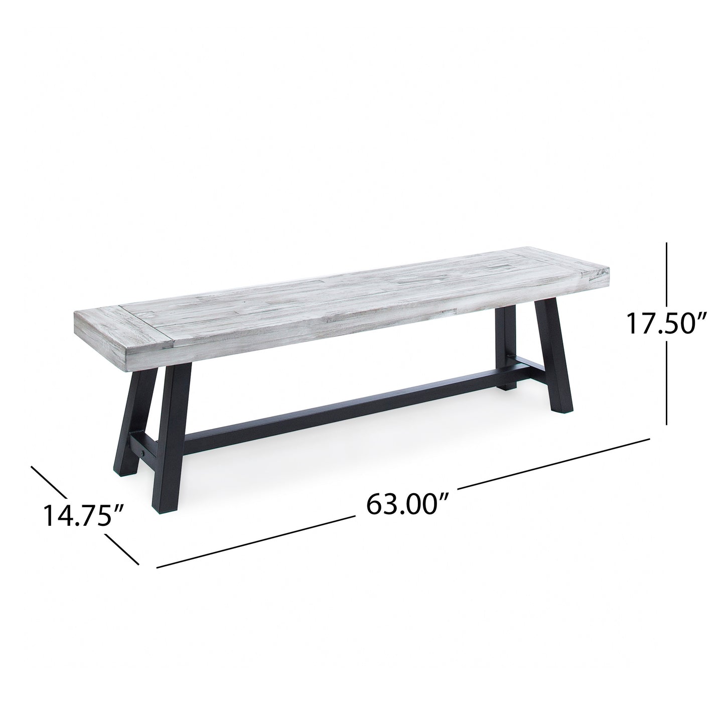 Whitewashed wood dining bench with black metal legs