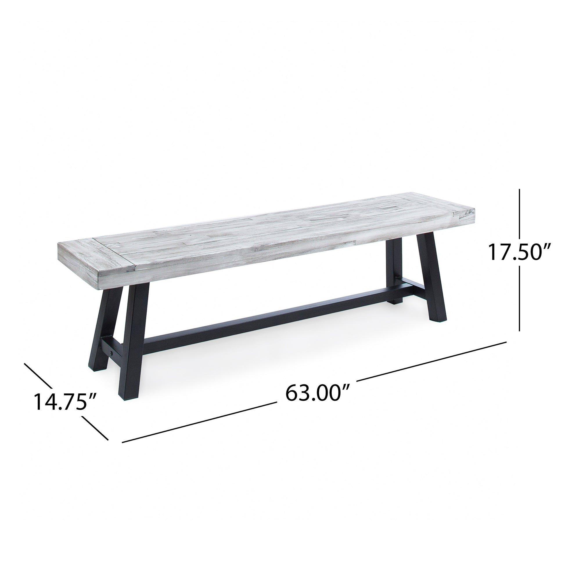 Whitewashed wood dining bench with black metal legs