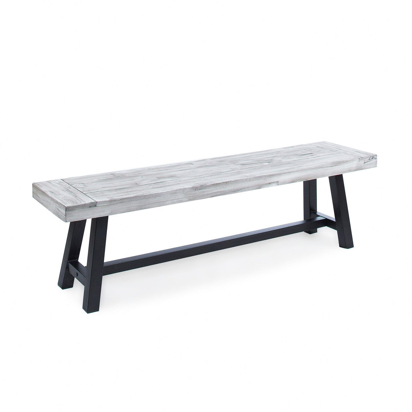 Rustic whitewashed wood bench with black metal legs