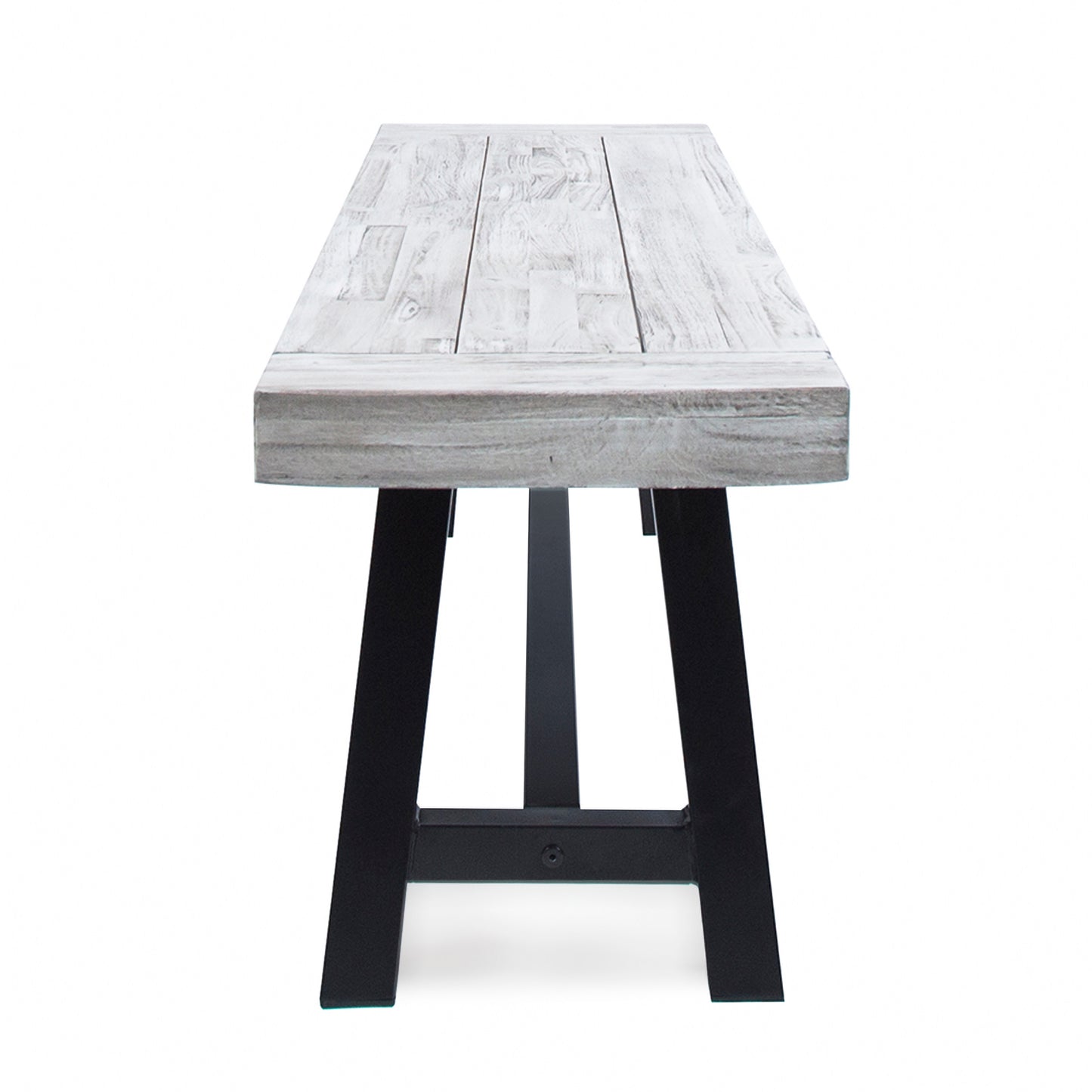 Rustic white wash wood bench with black metal legs