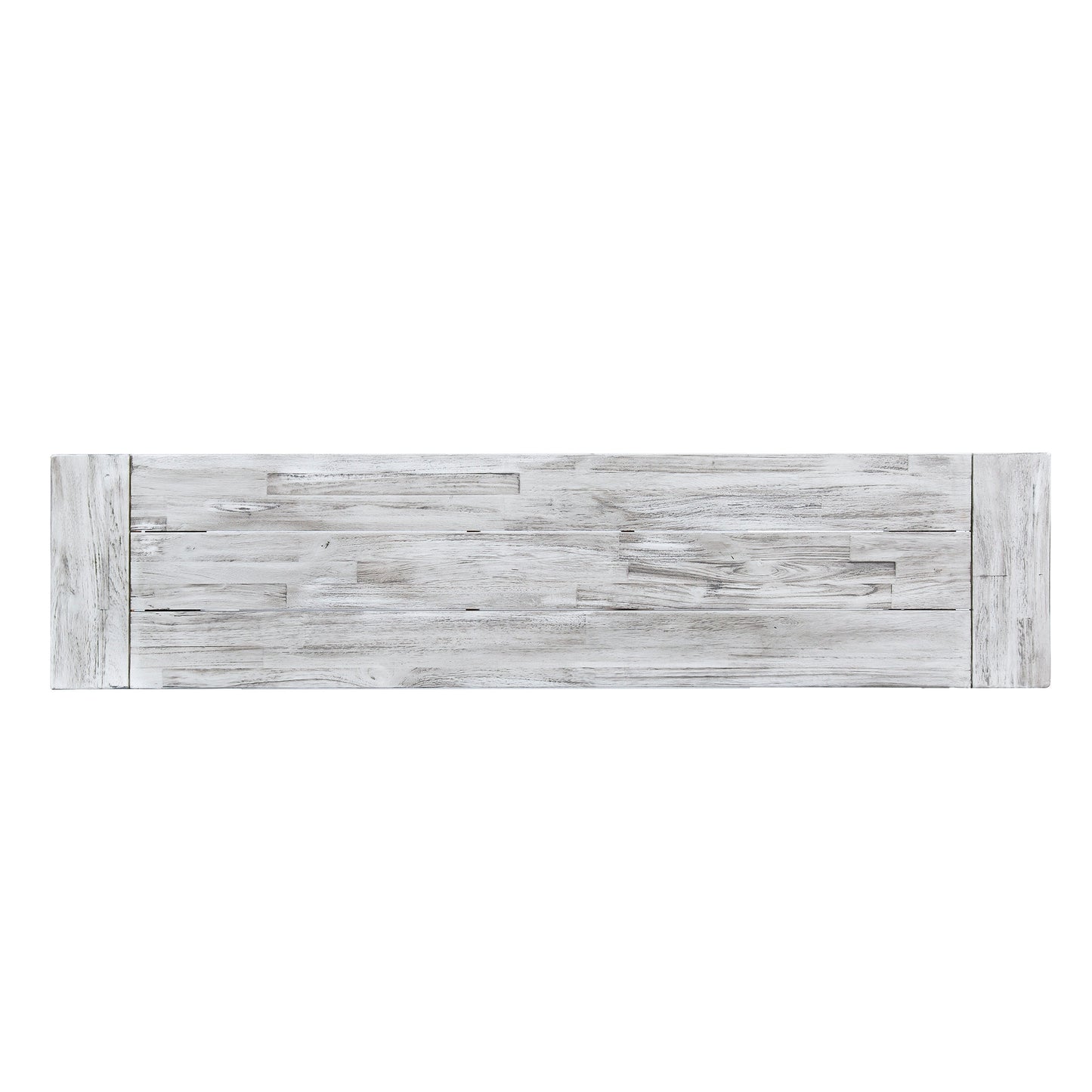 Distressed white wood plank TV stand top view