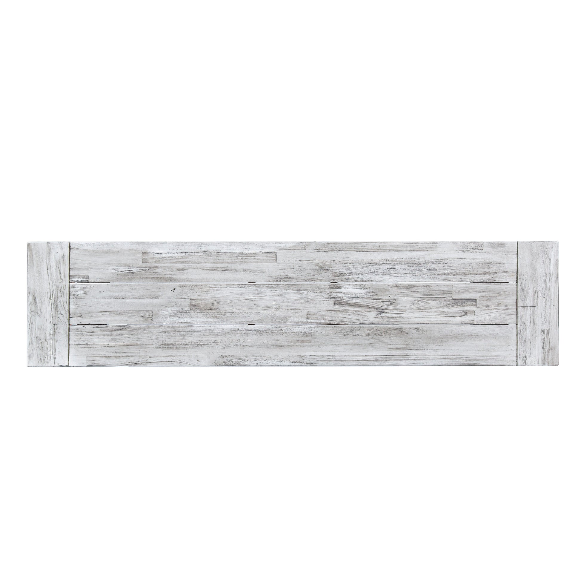 Distressed white wood plank TV stand top view
