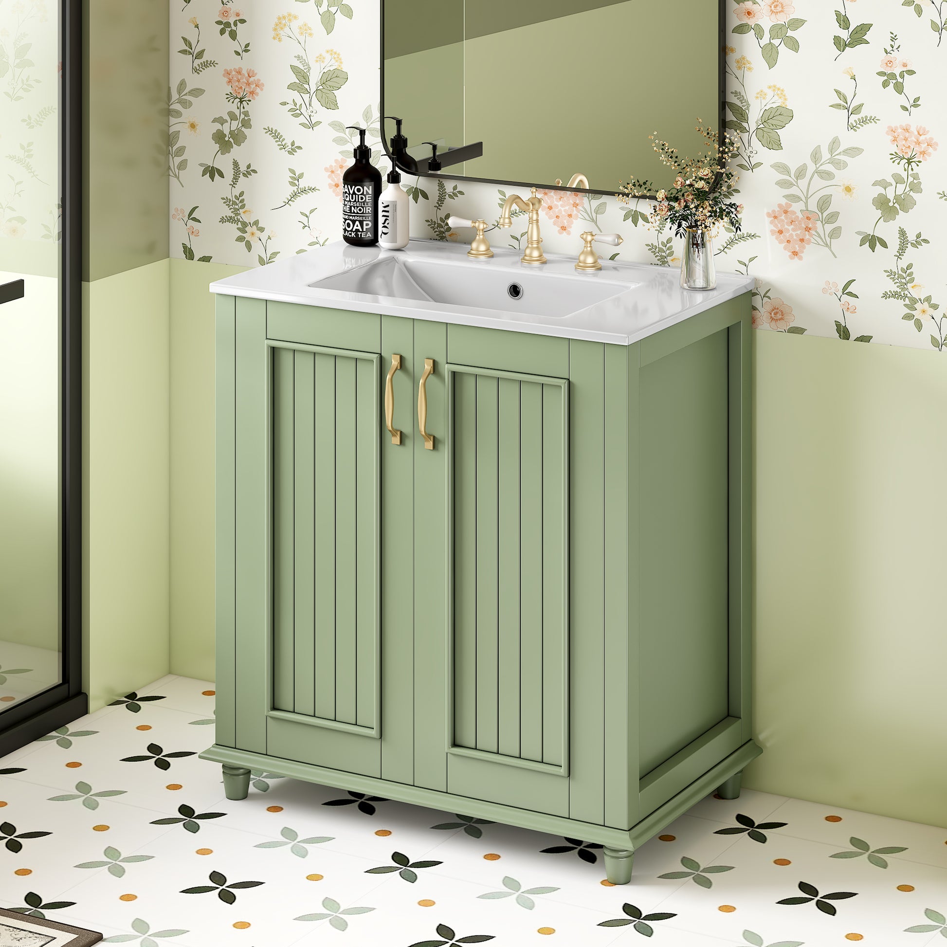 Sage green wood vanity with gold hardware