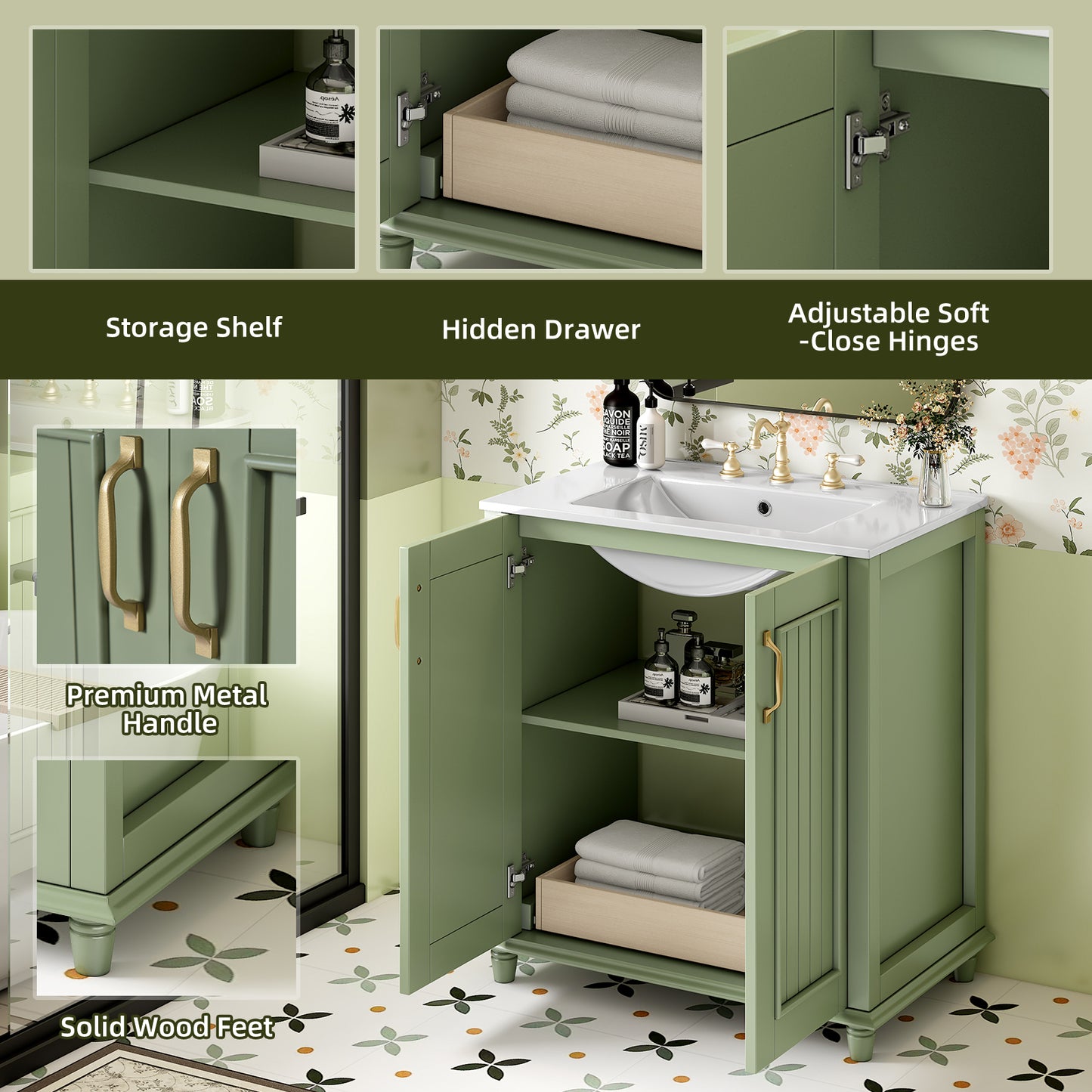 Sage green bathroom vanity with gold hardware and white ceramic sink