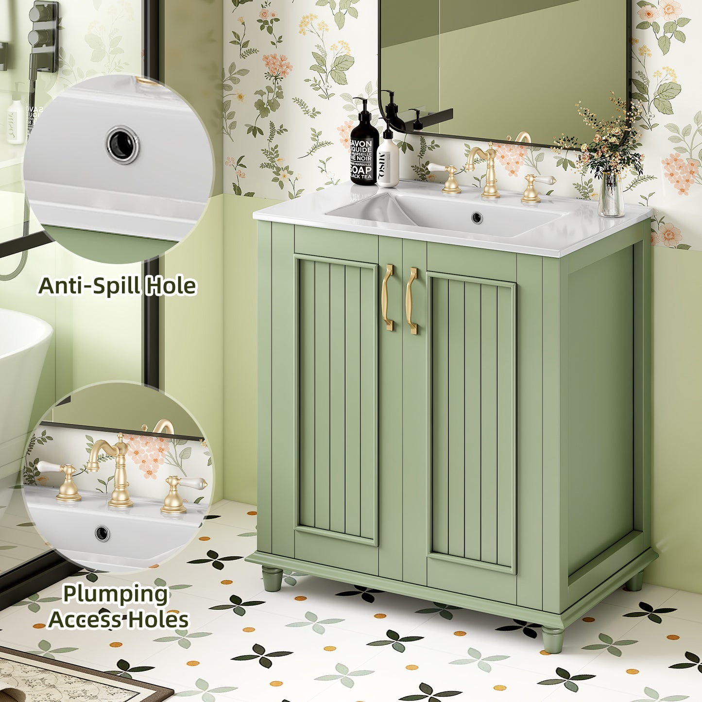 Sage green bathroom vanity with gold hardware and white countertop