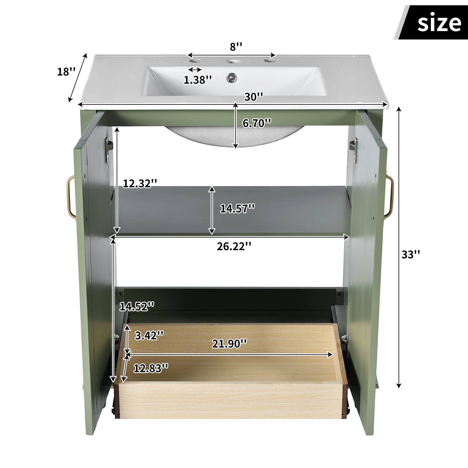 Green inch bathroom vanity with white ceramic top and dual storage drawers