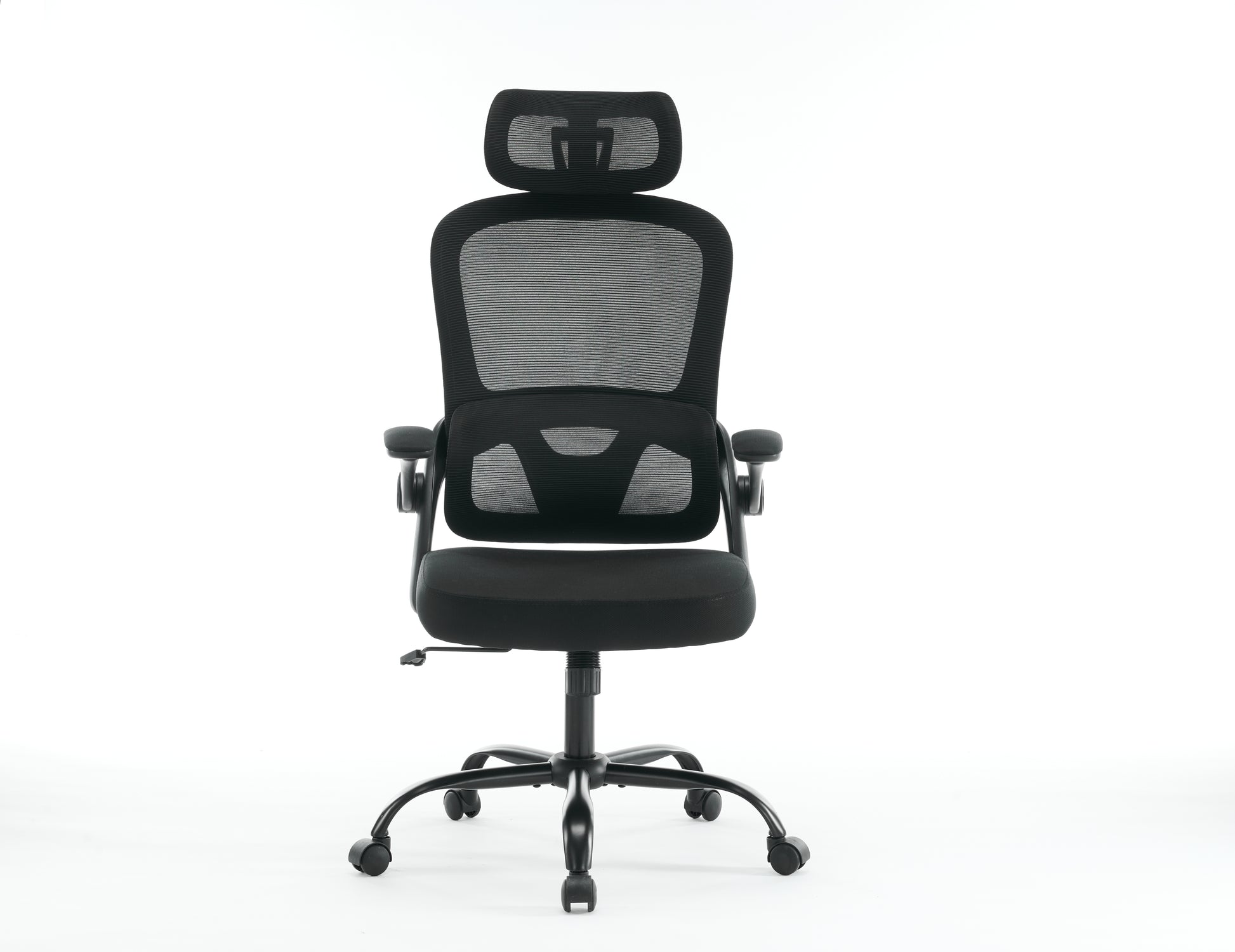 Black ergonomic office chair with adjustable headrest and lumbar support