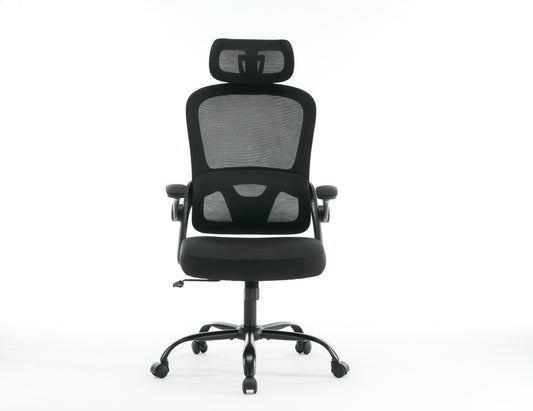 Black ergonomic office chair with adjustable headrest and lumbar support