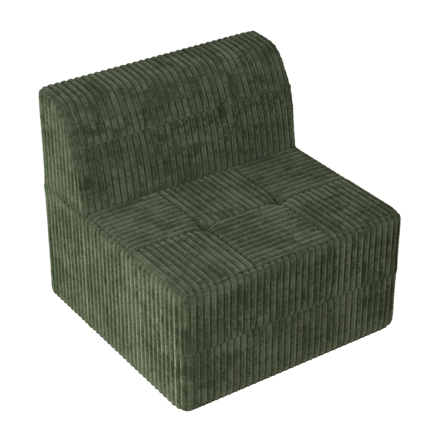 Moss green corduroy armchair with tufted seat and a curved back