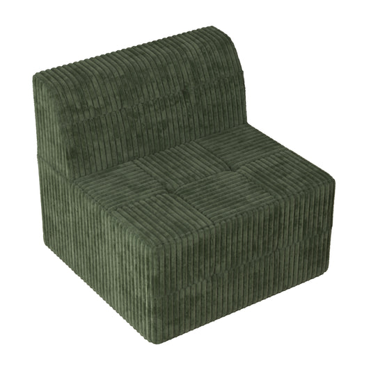 Moss green corduroy armchair with tufted seat and a curved back