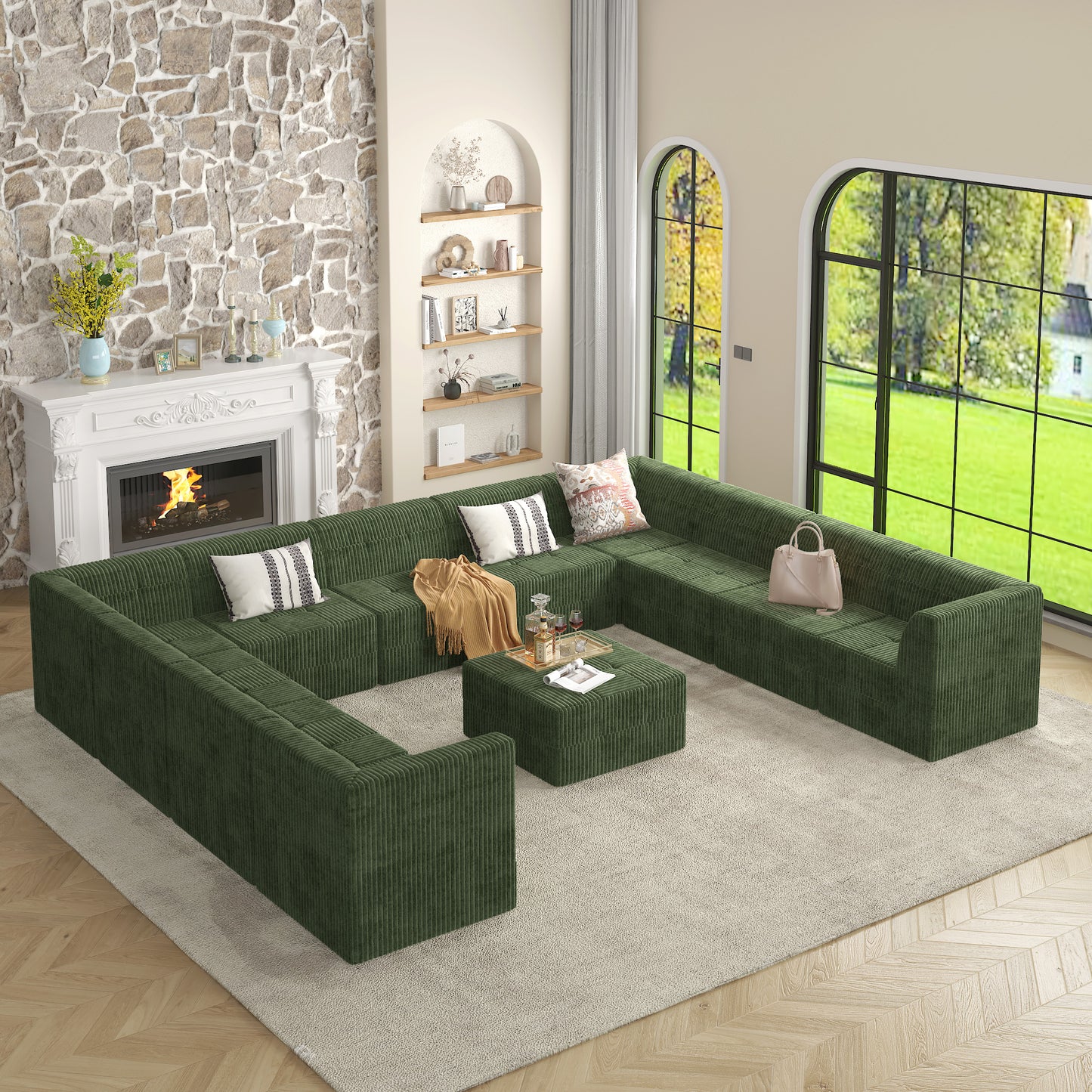 Ushaped green corduroy sectional sofa with modern design