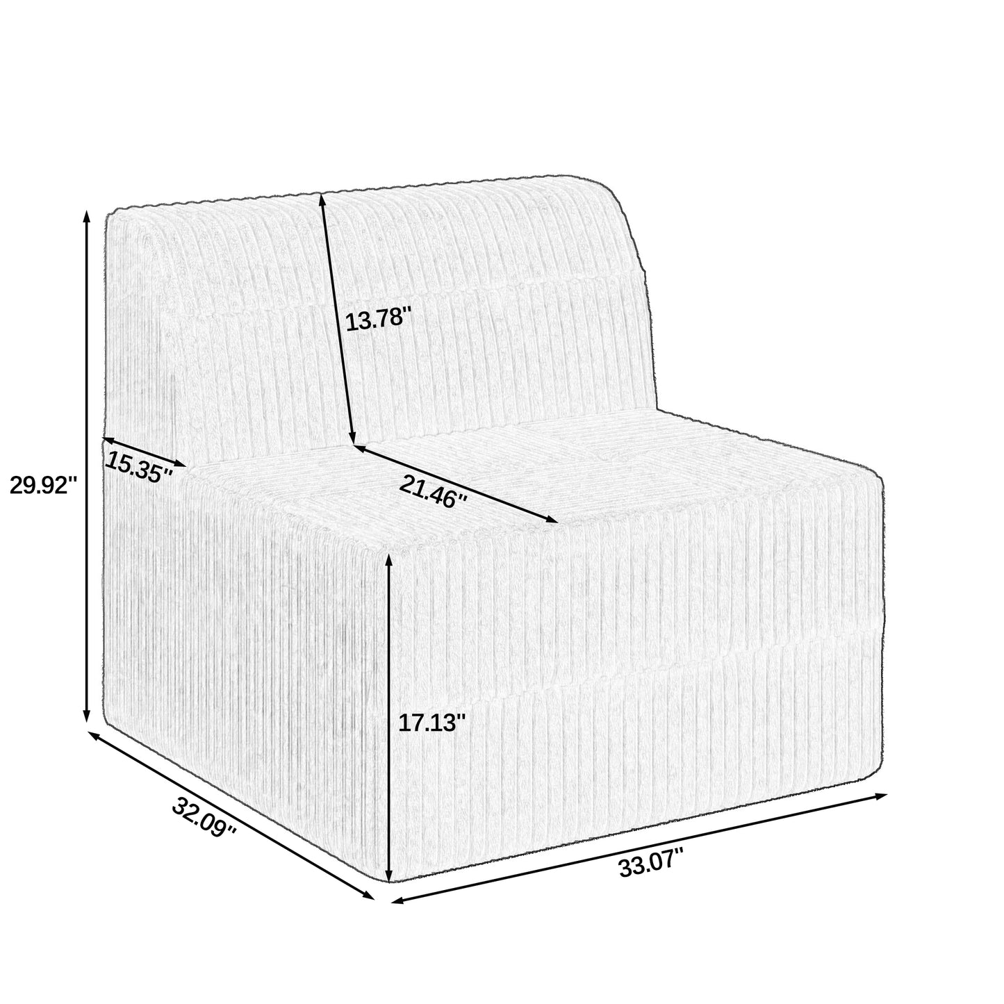 Textured white armchair with corduroy fabric and armless design