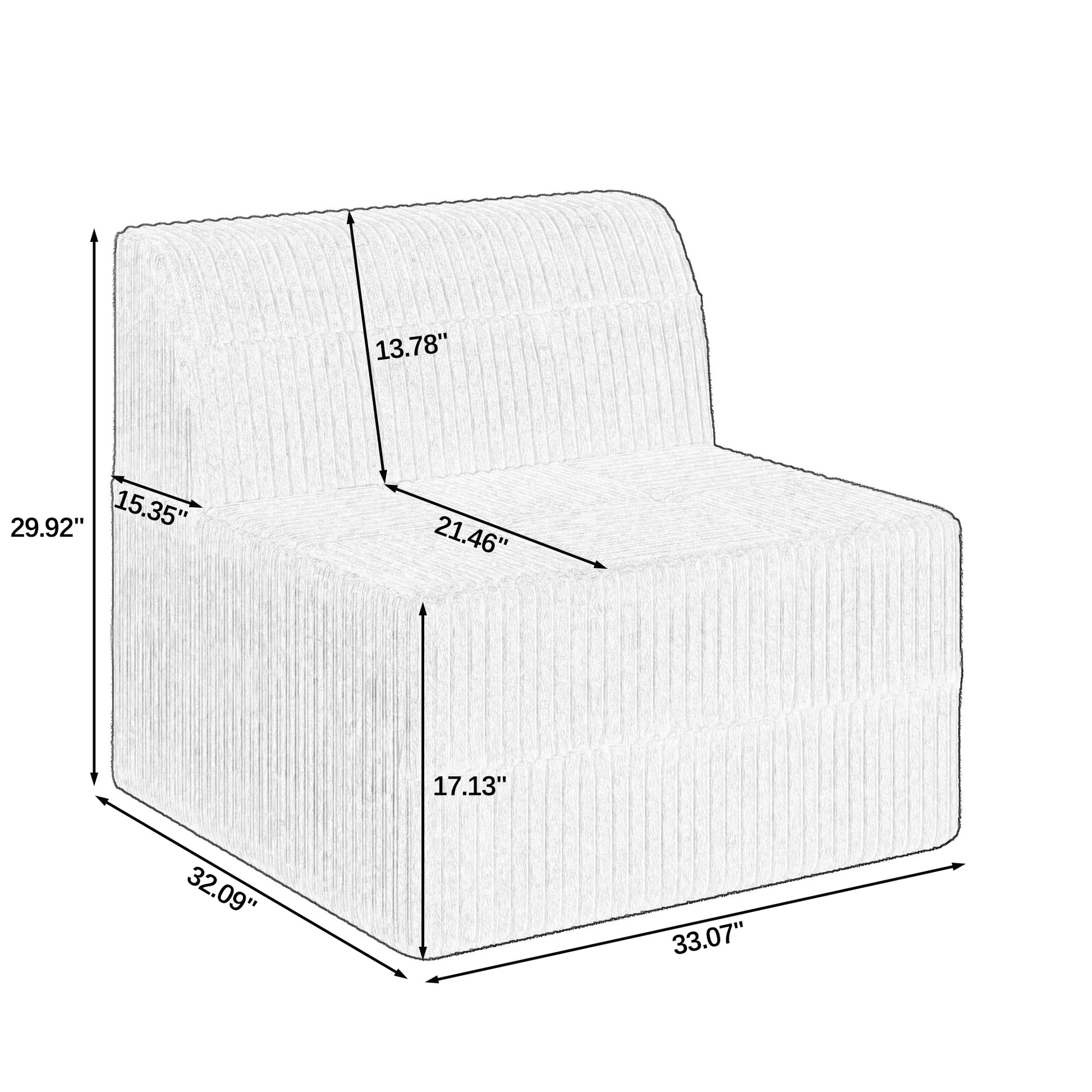 Textured white armchair with corduroy fabric and armless design