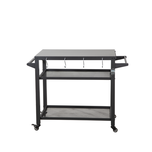 Black metal kitchen cart with two mesh shelves and hanging hooks