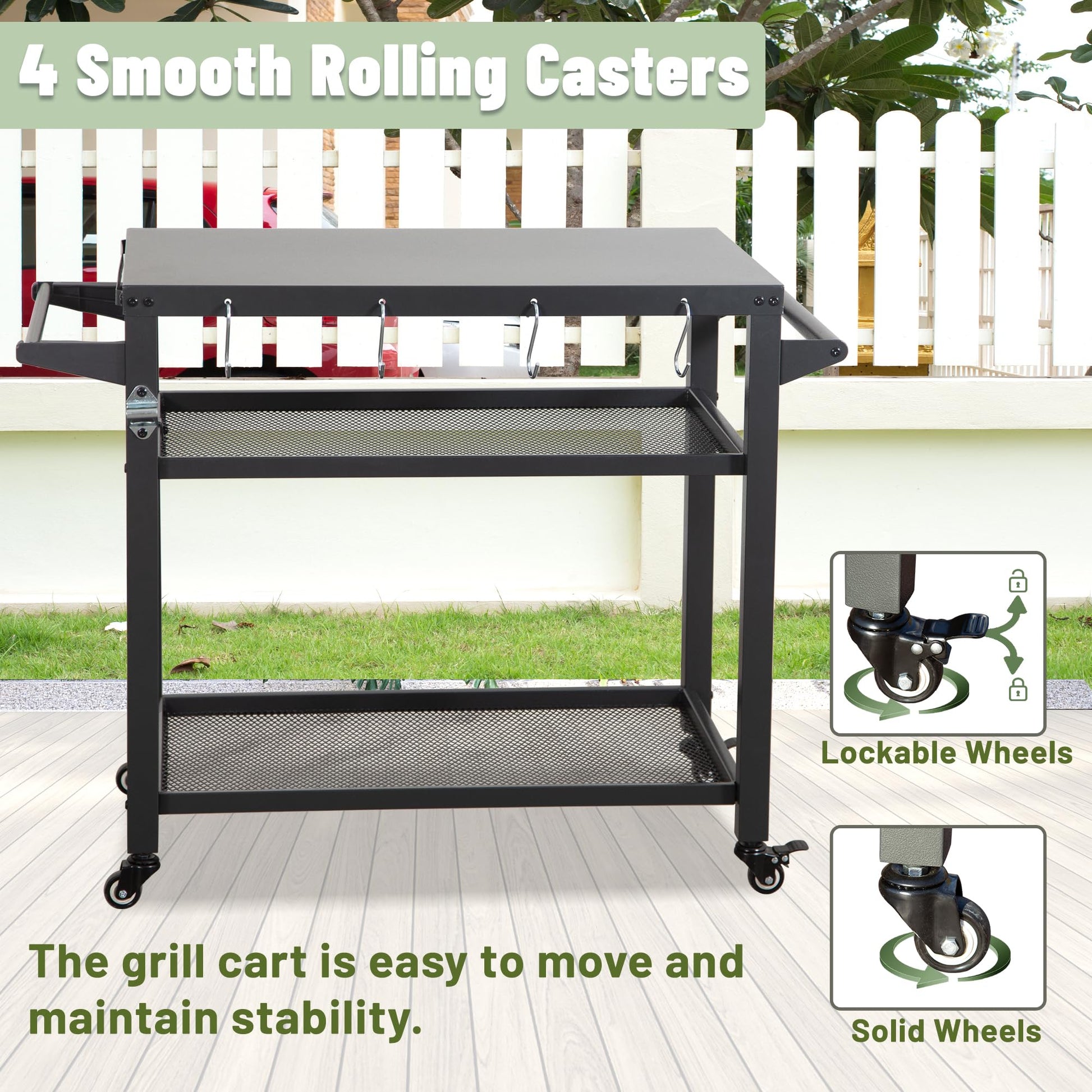 Black metal grill cart with two mesh shelves and side hooks