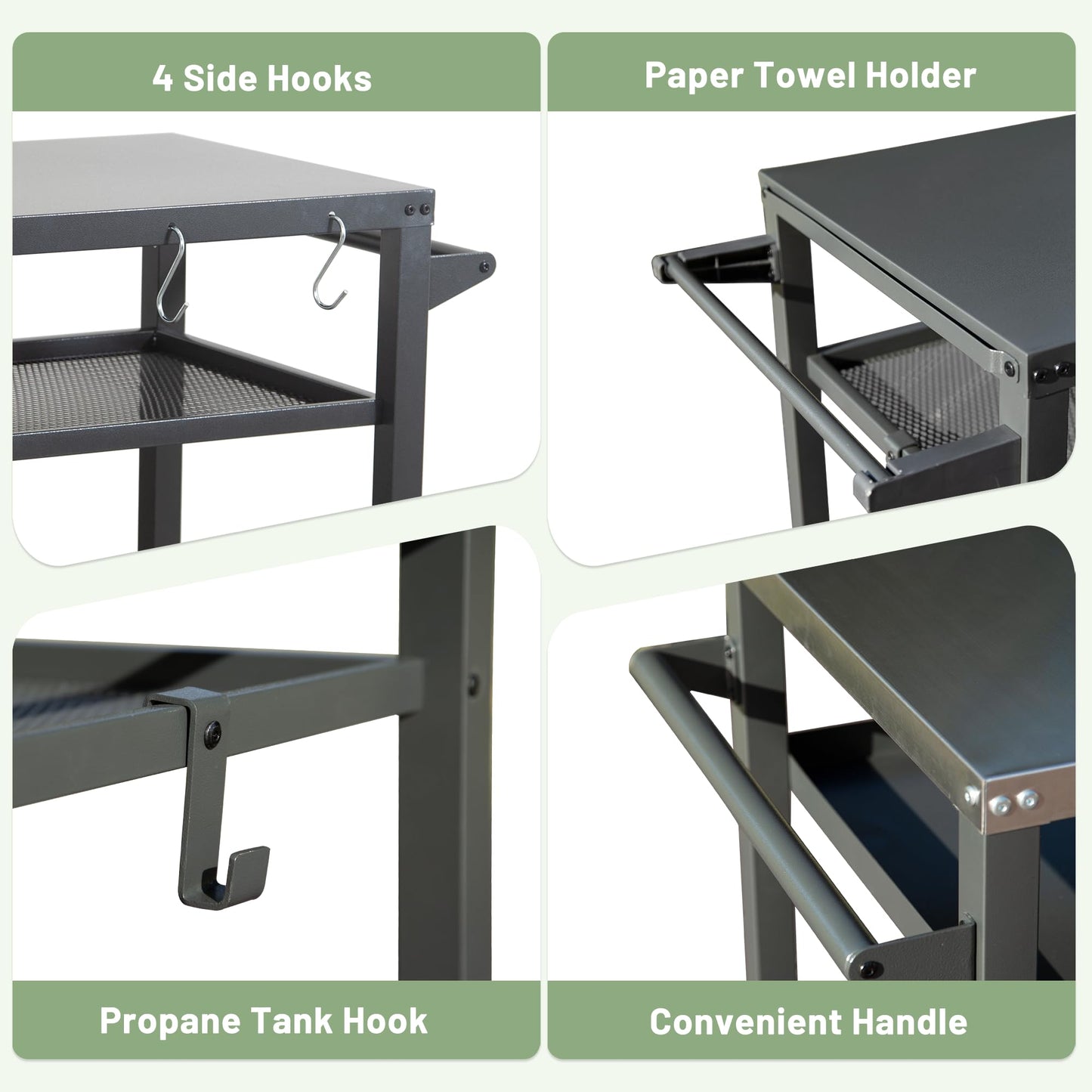 Gray metal grilling cart features  side hooks for hanging tools