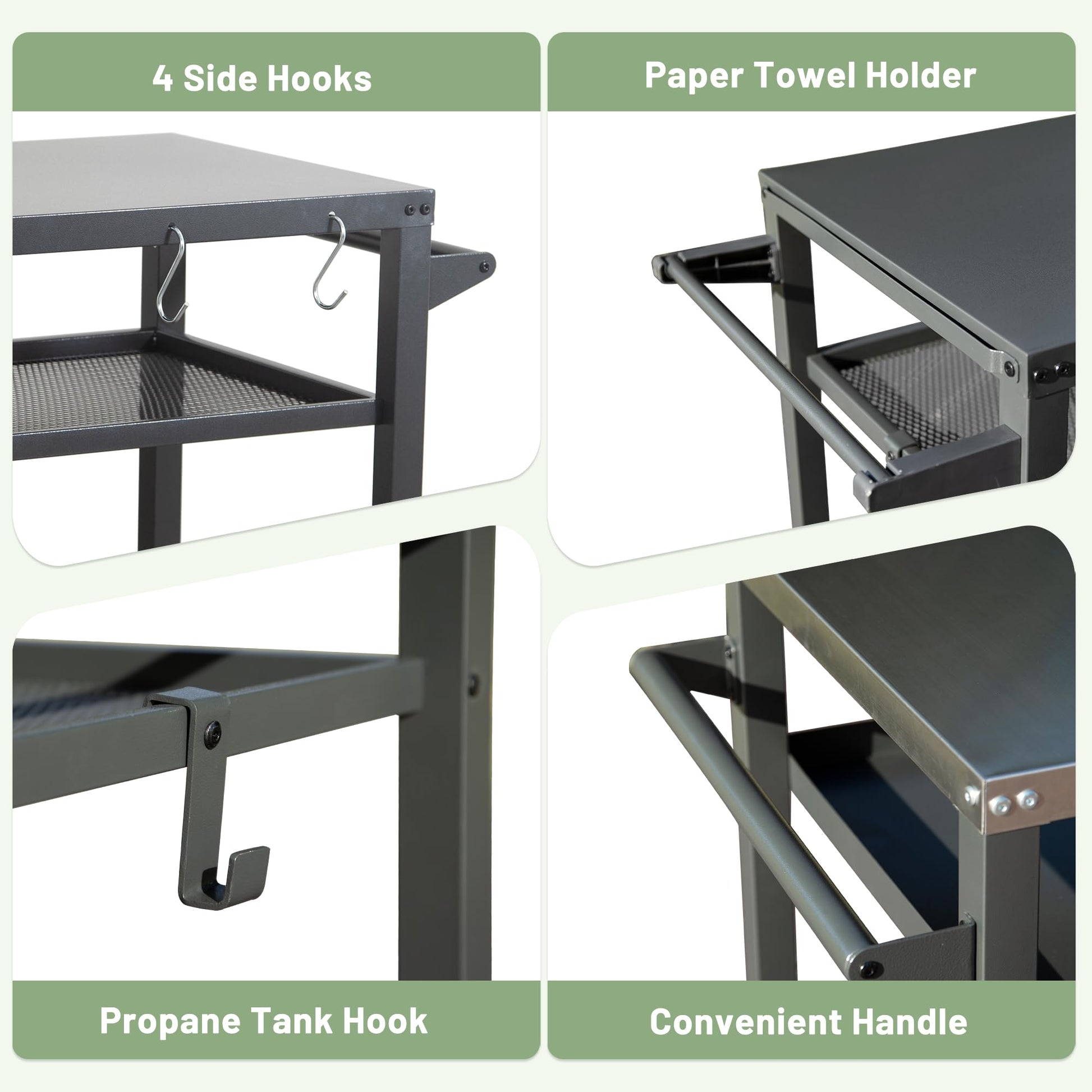 Gray metal grilling cart features  side hooks for hanging tools