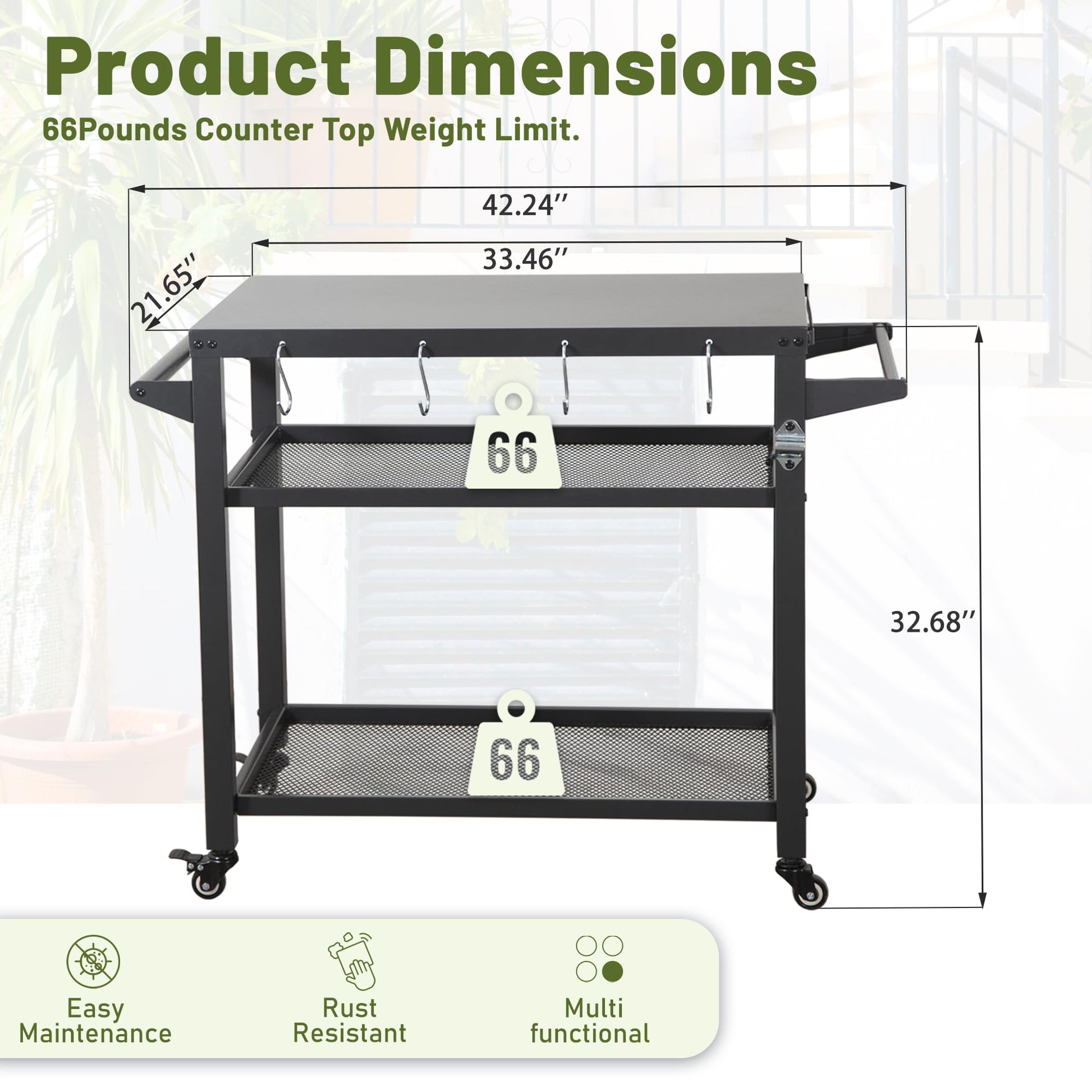 Black metal kitchen cart with two shelves and rolling wheels