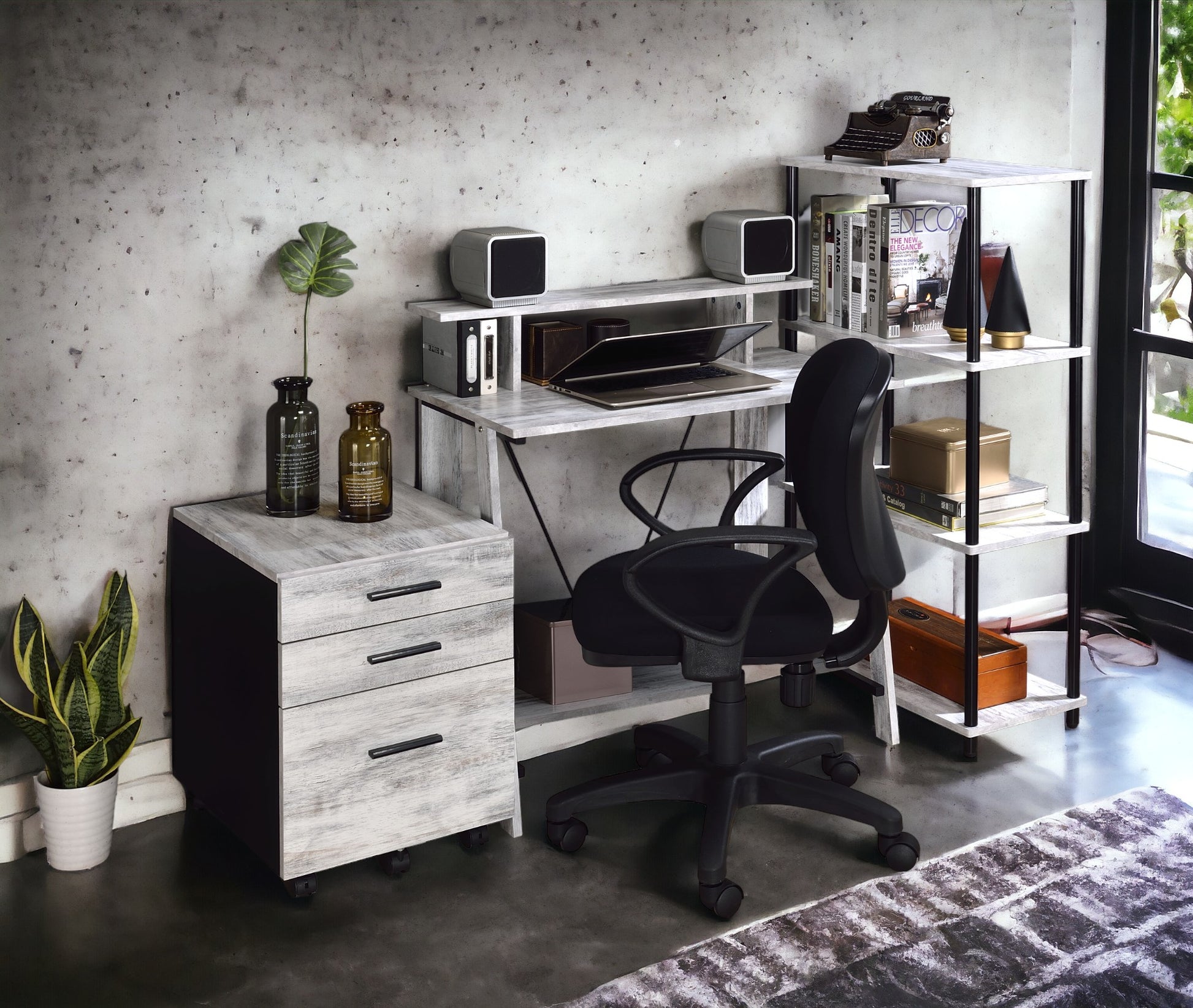 Rustic white wood filing cabinet with three drawers on wheels