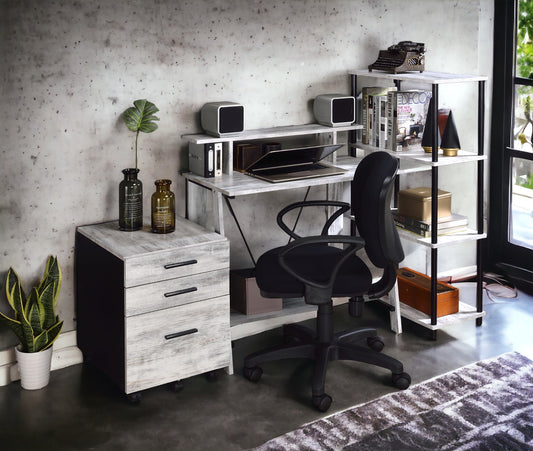 Rustic white wood filing cabinet with three drawers on wheels