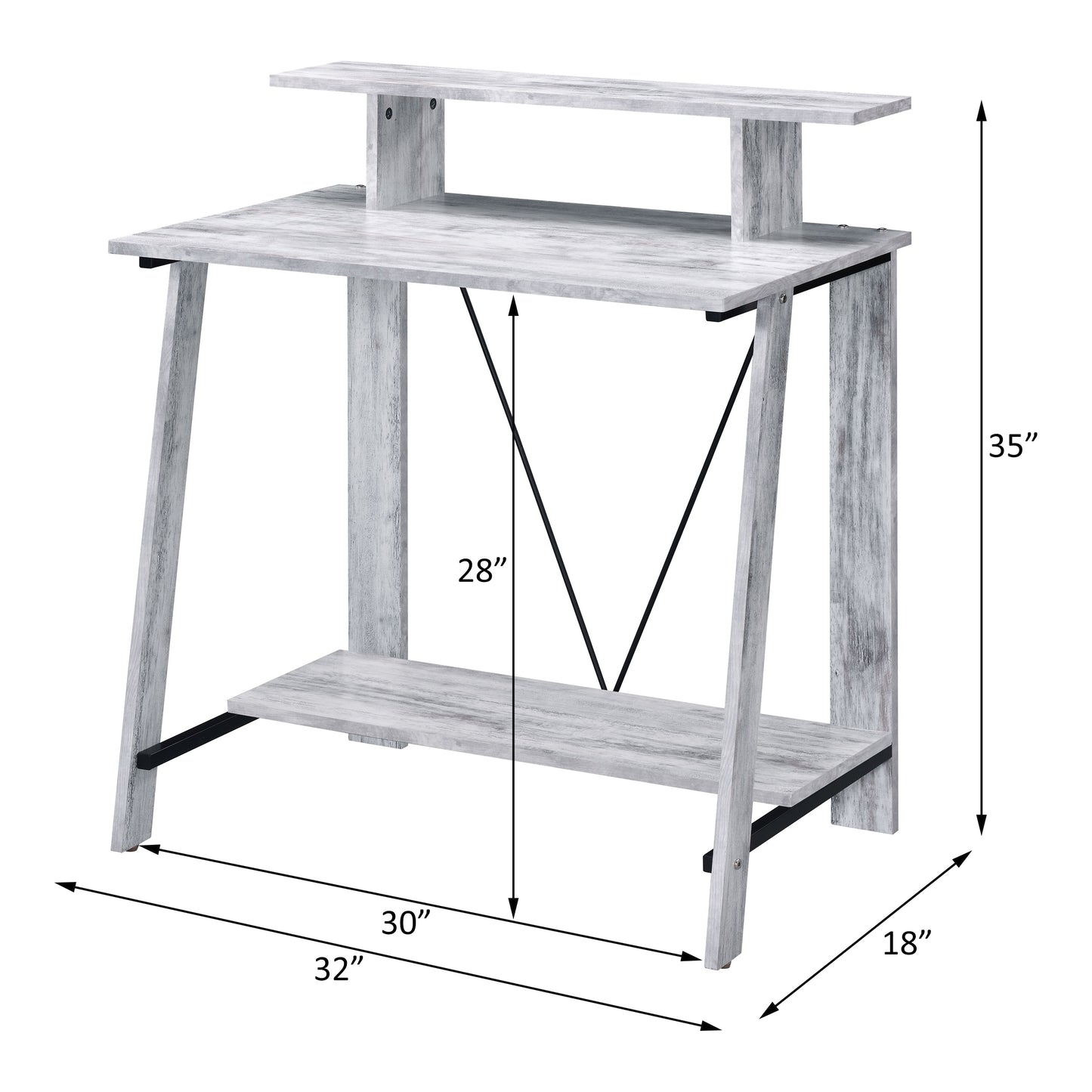 Rustic white wood computer desk with two shelves and Xbrace support