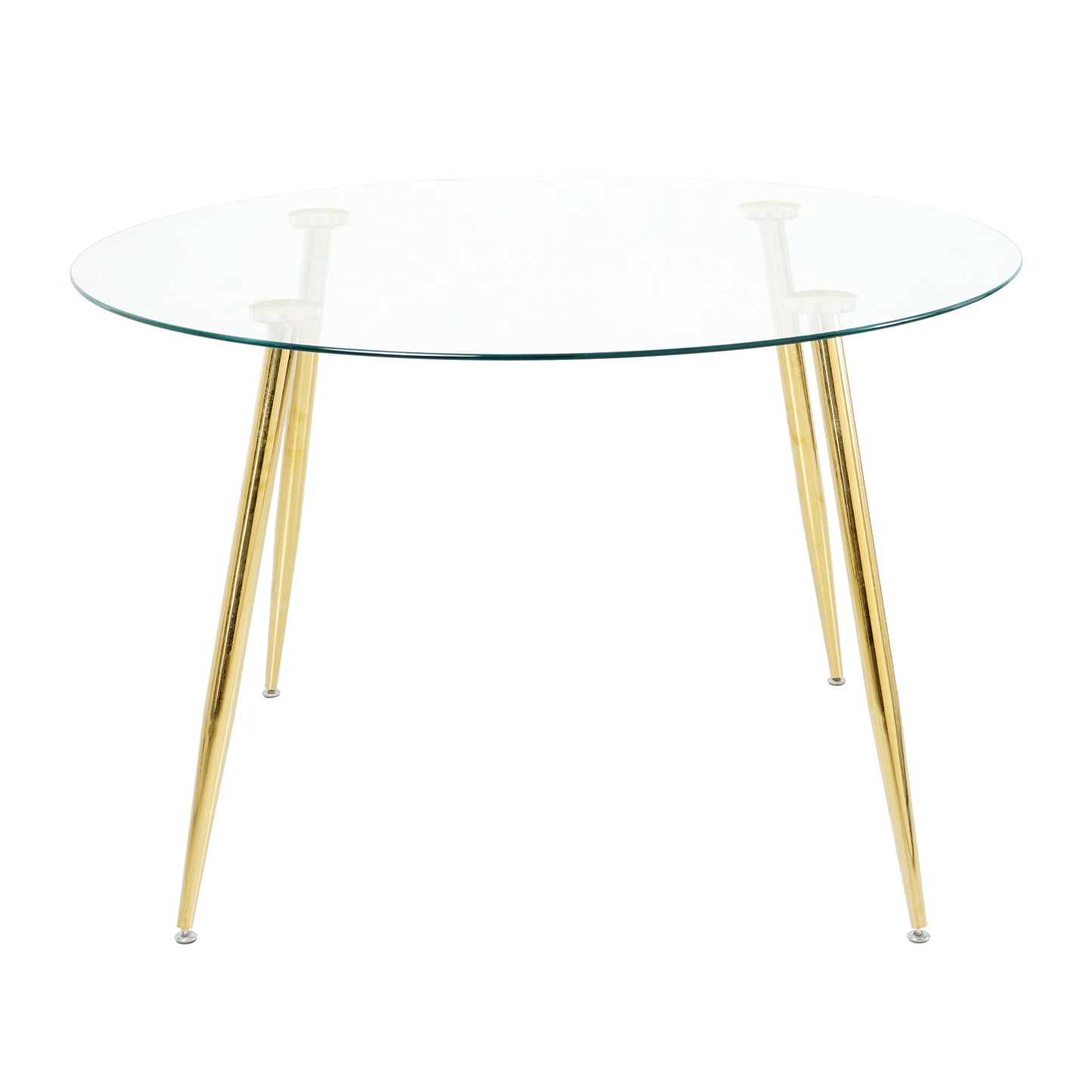 Round glass dining table with elegant gold hairpin legs