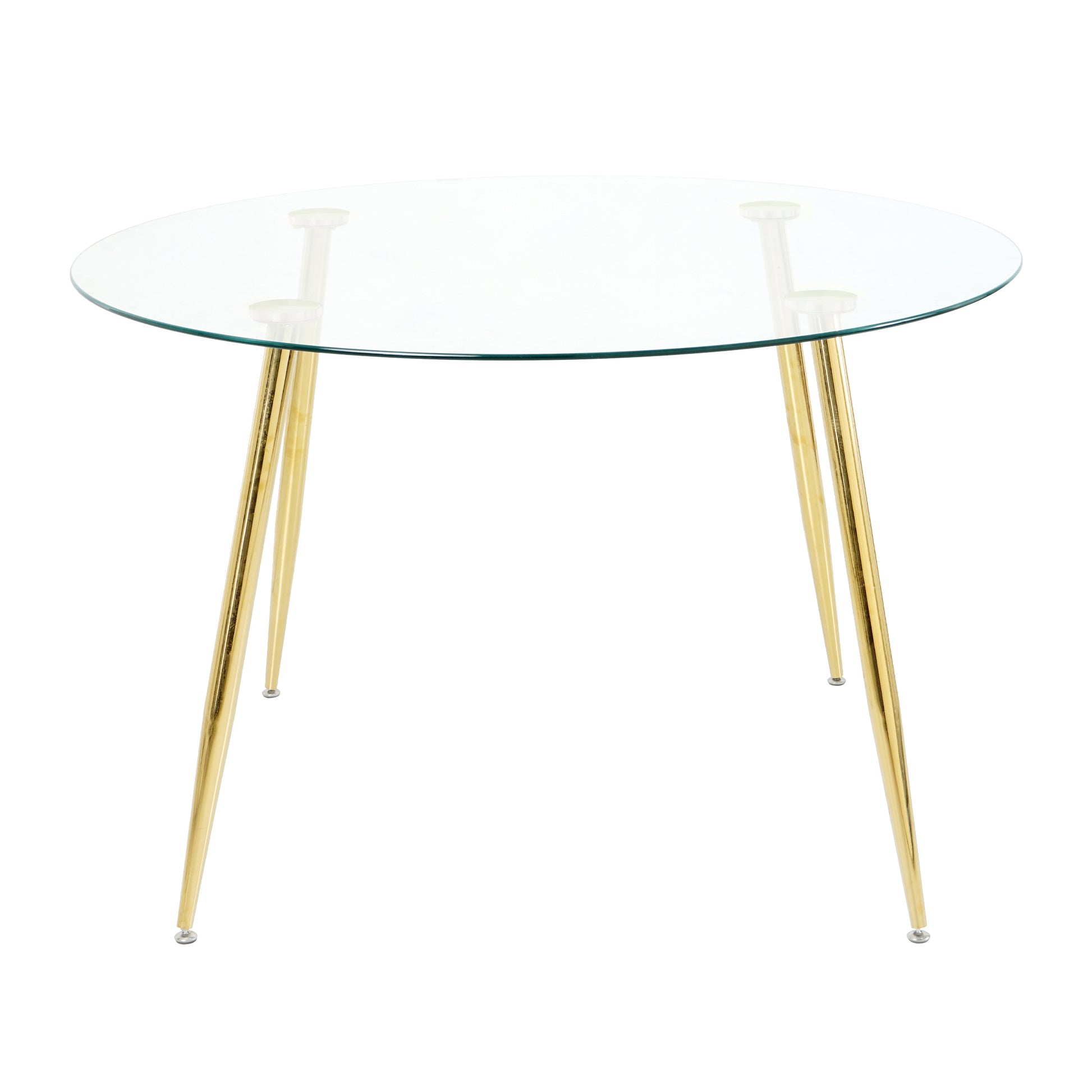 Round glass dining table with elegant gold hairpin legs