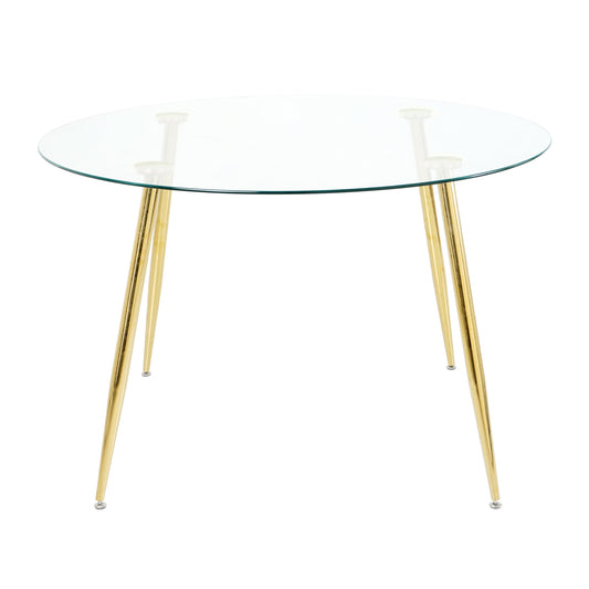 Round glass dining table with elegant gold hairpin legs