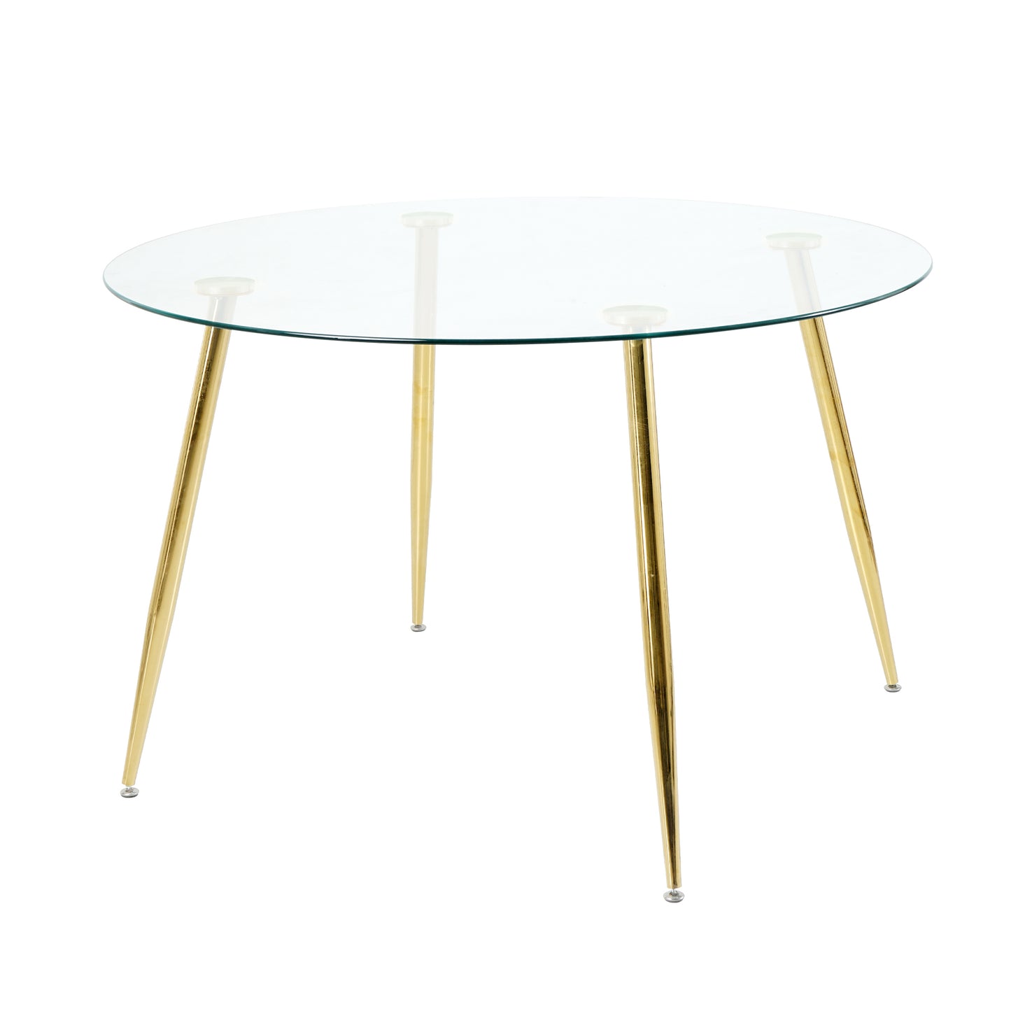 round glass top dining table with gold hairpin legs