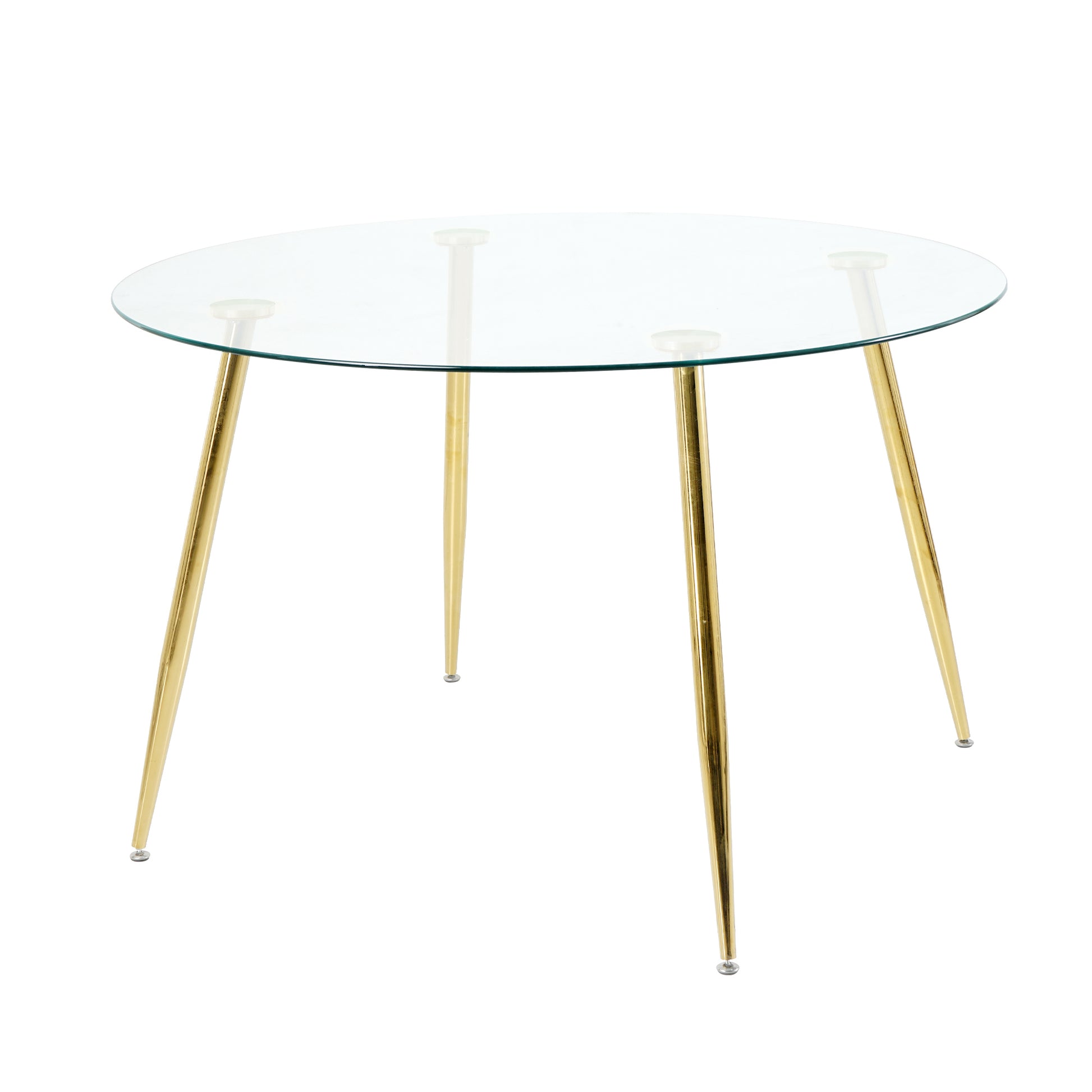 round glass top dining table with gold hairpin legs
