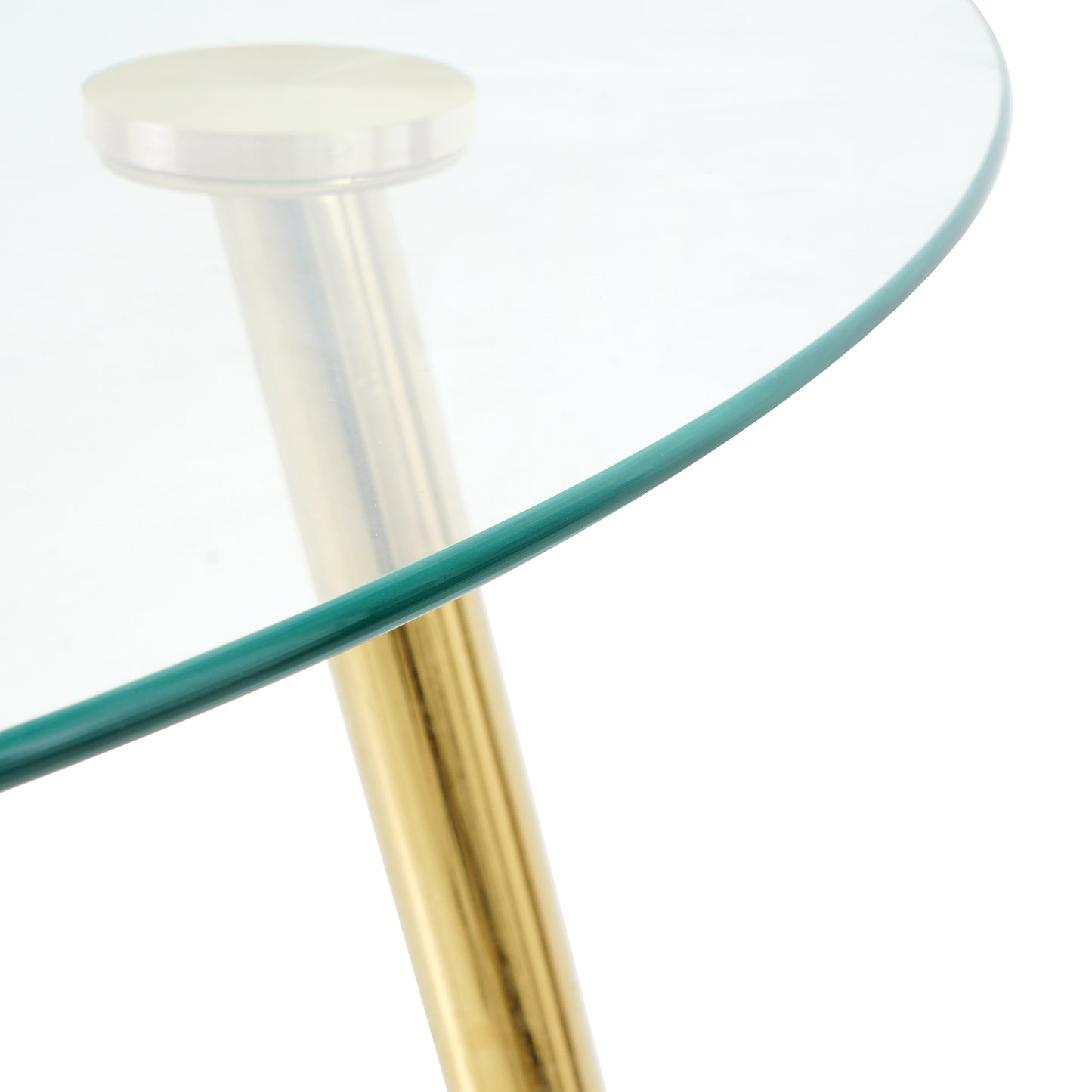 Round glass top accent table with polished brass leg