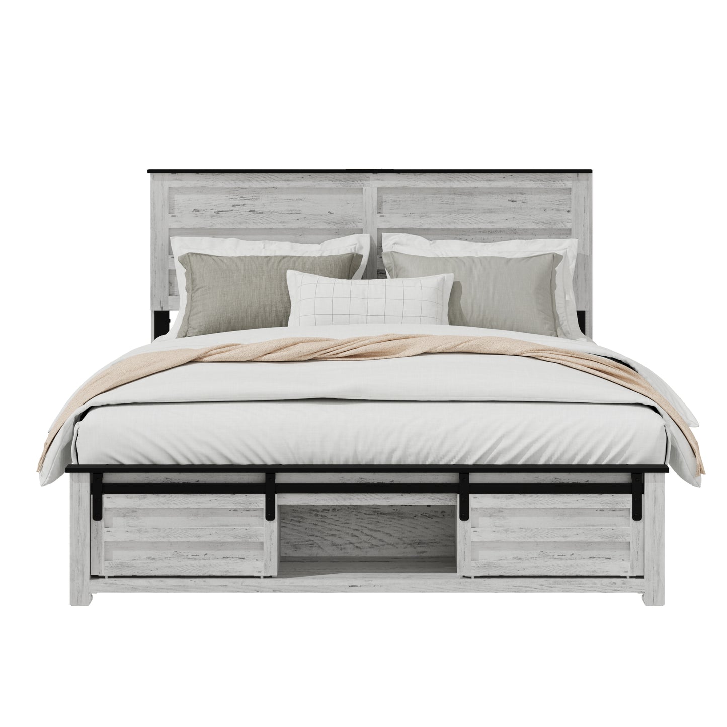Whitewashed farmhouse bed with storage drawers